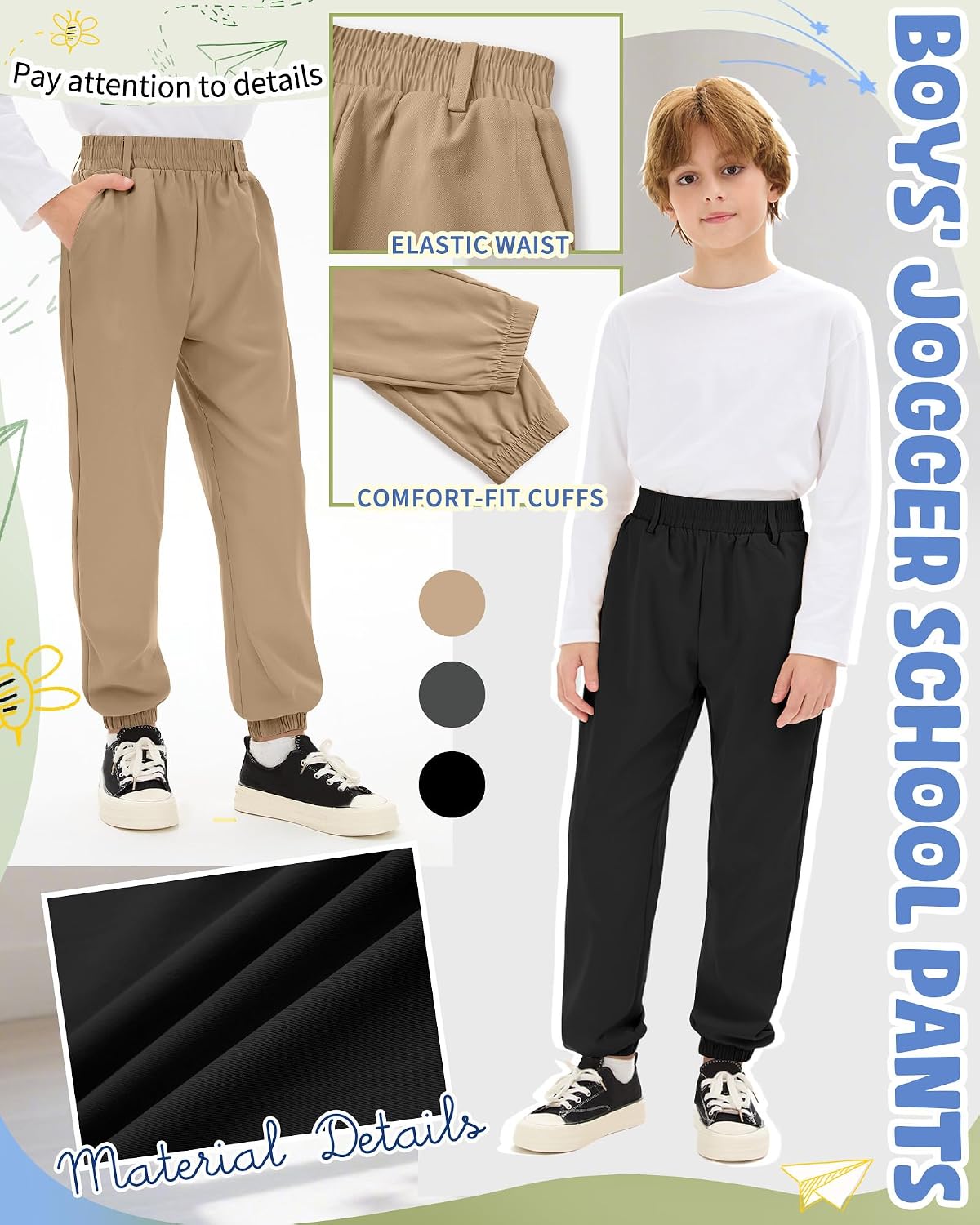 3 Pack Boys' School Uniform Pants, 3-Color, 13-14 Years