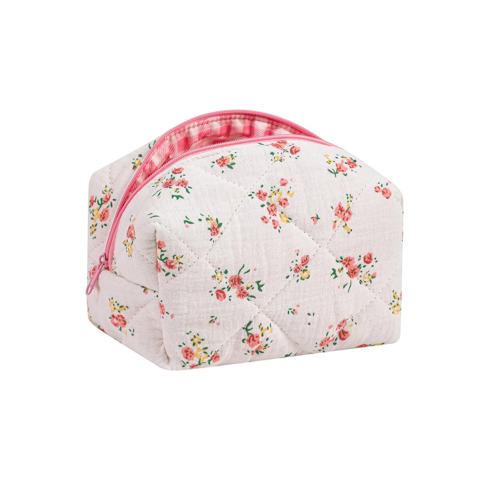 Cute Small Floral Cotton Makeup Bag, Quilted Zipper Pouch with Coquette Bear for Women and Girls, Kawaii Travel Cosmetic Bags for Purse(07Yellow and