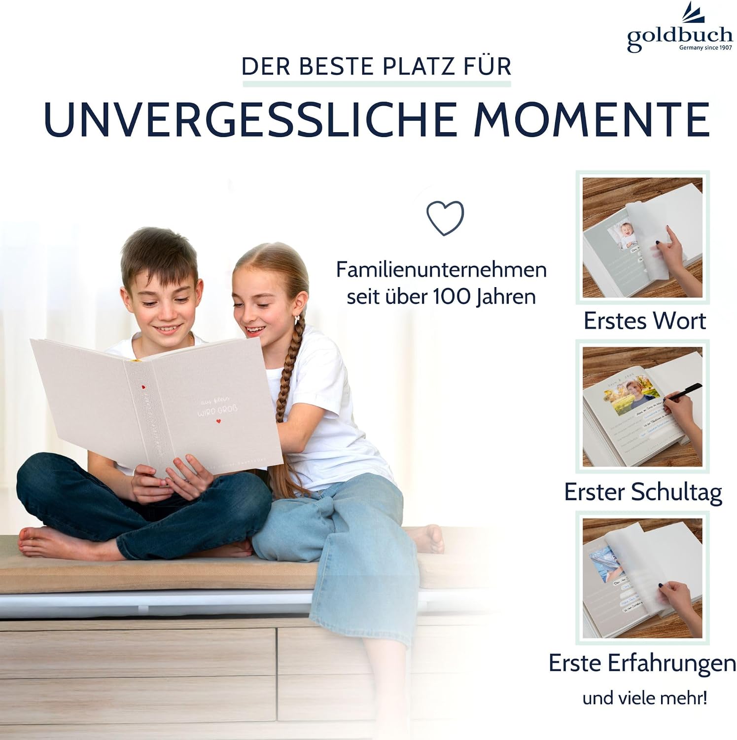 goldbuch 31 033 Photo Album "Aus klein wird GROß", Photo Book with 100 White Pages with Glassine Dividers, Album with Linen Cover, up to 600 Pictures, High-Quality Paper, Sand Grey, 30 x 31 x 6 cm