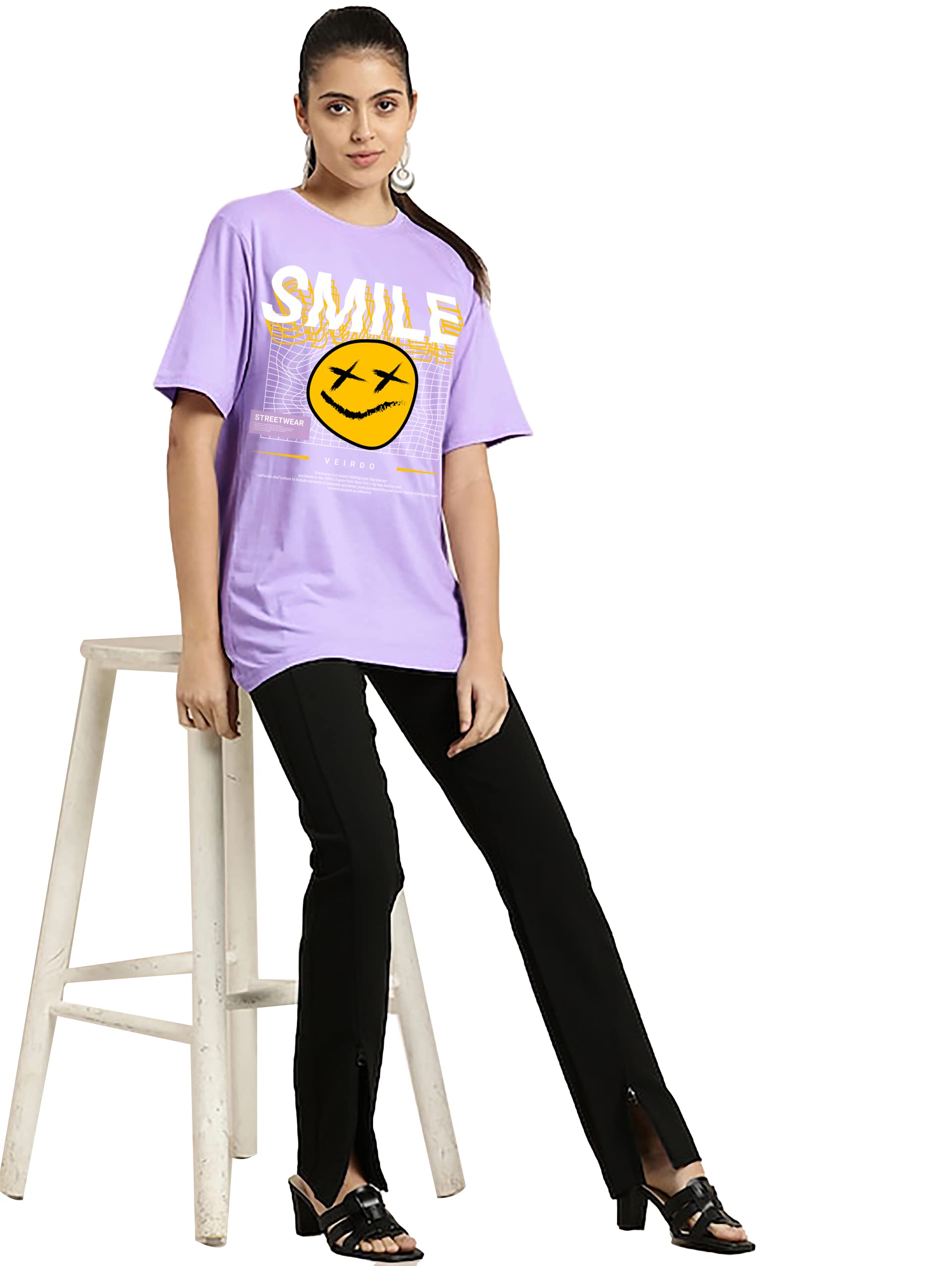Veirdo 100% puro cotone nero, vestibilità larga, spalle che cadono con schiena fresca e confortevole, stampa grafica, girocollo, maglietta per donne e ragazze (colore : nero)