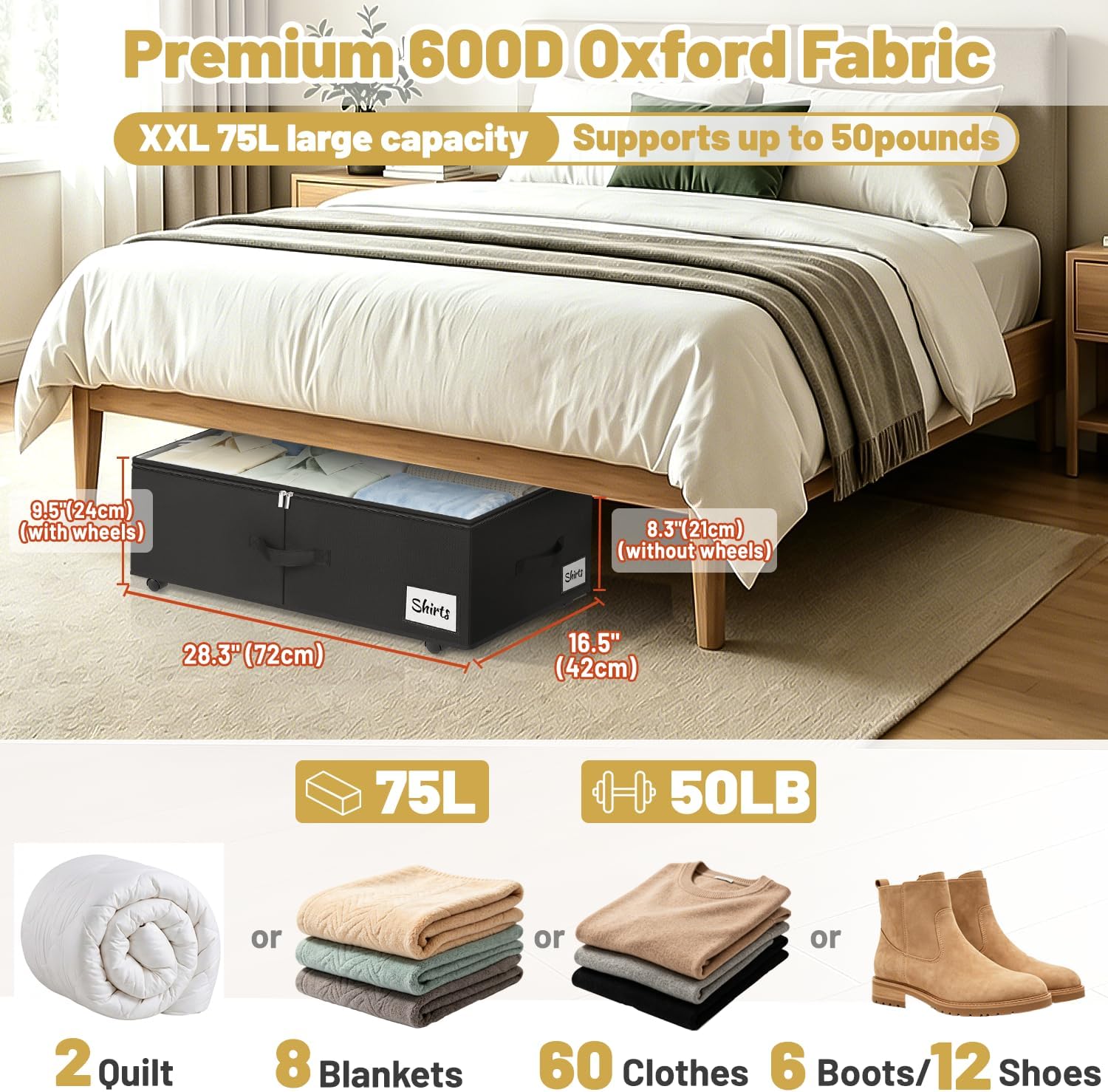 Under Bed Storage with Wheels, 2 Pack Underbed Storage Containers with Clear Lid & Label, XXL 75L Easy Assembly Rolling Under Bed Shoe Storage for Clothes, Shoes, Blankets, Black(28.3 X 16.5 X 9.5 in)
