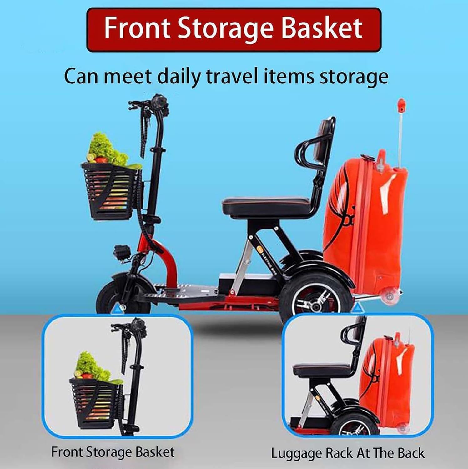 Scooters de Movilidad, Scooter de Movilidad Ligero y Plegable de 3 Ruedas - Batería de hasta 45 km de duración - Asiento cómodo - Ideal para Personas Mayores y discapacitadas