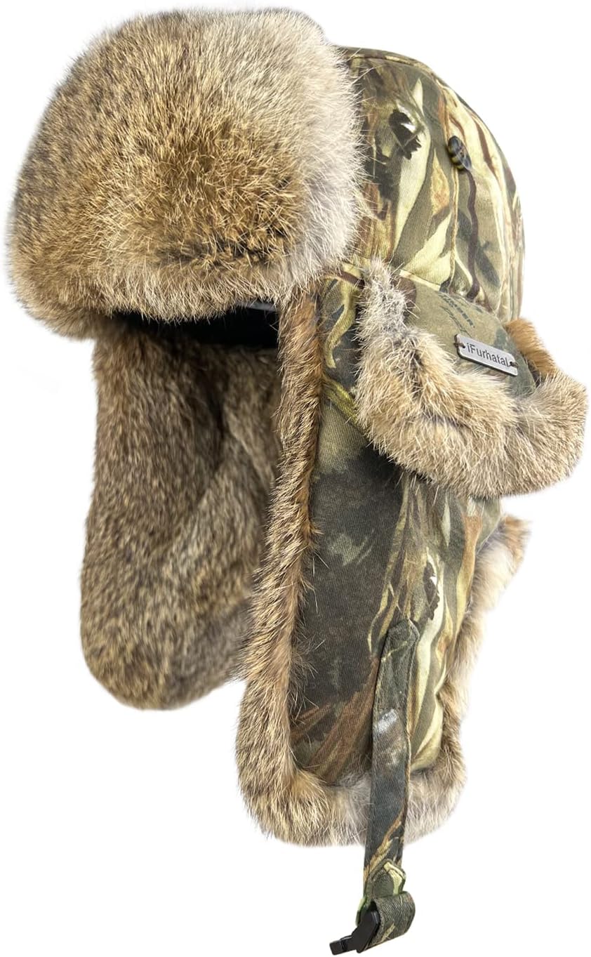 100% Real Rabbit Fur Winter Trapper Hat for Men Women Russian Fur Ushanka Aviator Hat Mens Trapper Hat