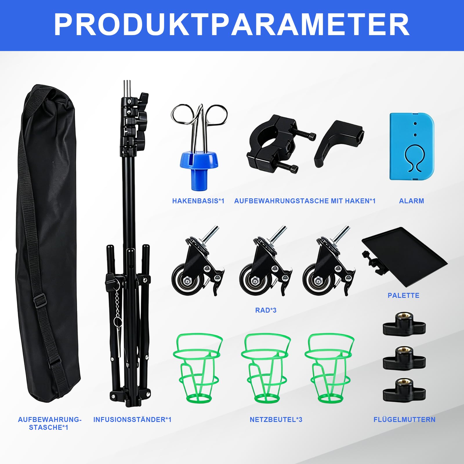 Verstellbarer Infusionsständer mit Rollen, Tragbarer Mobiler IV-Ständer, Höhenverstellbar 90-190cm, mit 4 Haken und 3 Netzbeuteln, Infusions-Dreibeinstativ für Krankenhau Häusliche Pflege und Klinik