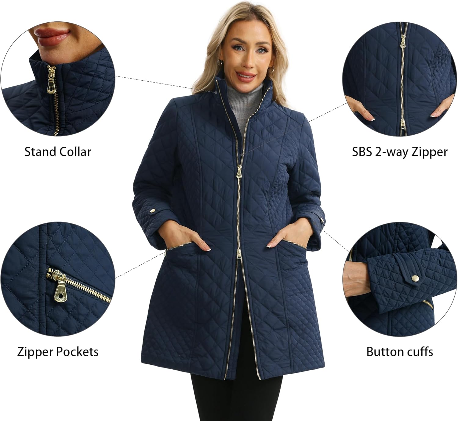 Women's Plus Size Long Quilted Jackets Diamond Quilted Lightweight Jacket Stand Collar for Spring Fall - Image 7