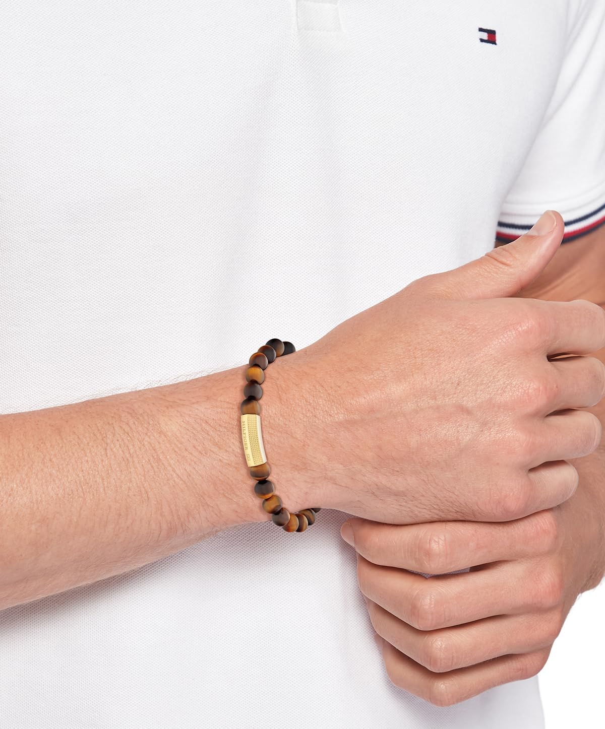 Tommy Hilfiger Men's Jewelry - Stainless Steel Onyx Bead Bracelet - Stretchy - Minimalist - Casual, Everyday Style - Gift for Him