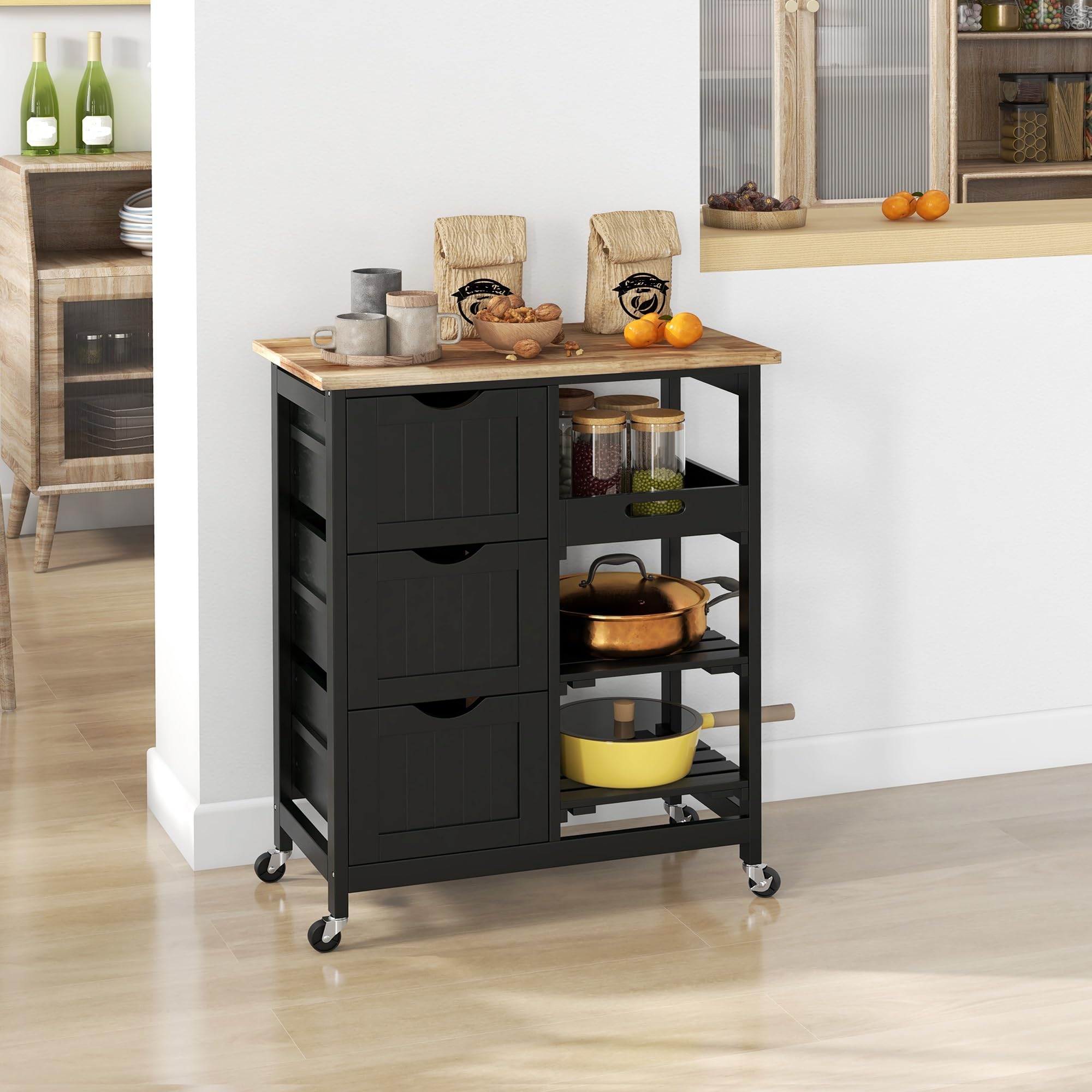 Kitchen Island Cart on Wheels with Storage, Rolling Cart with Wood Countertop, 3 Drawers, Removable Tray, Mobile Serving Trolley for Kitchen, Dining