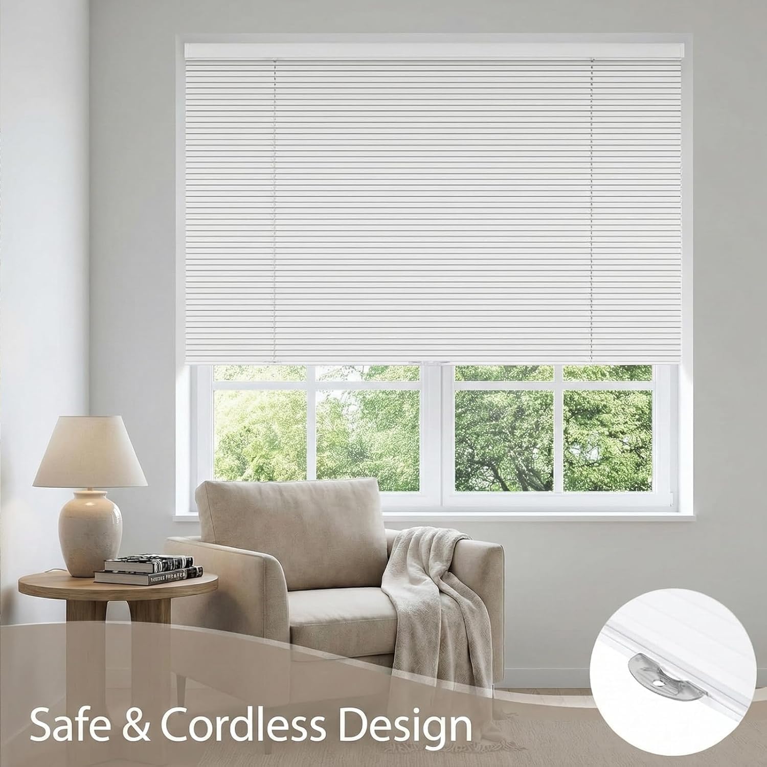 Mini Blinds for Indoor Windows, Waterproof 1 Inch Mini Blinds Cordless Venetian Blinds Blackout Aluminum Blind Window Blind for Home, Office, RV. White, 91" W x 52" H