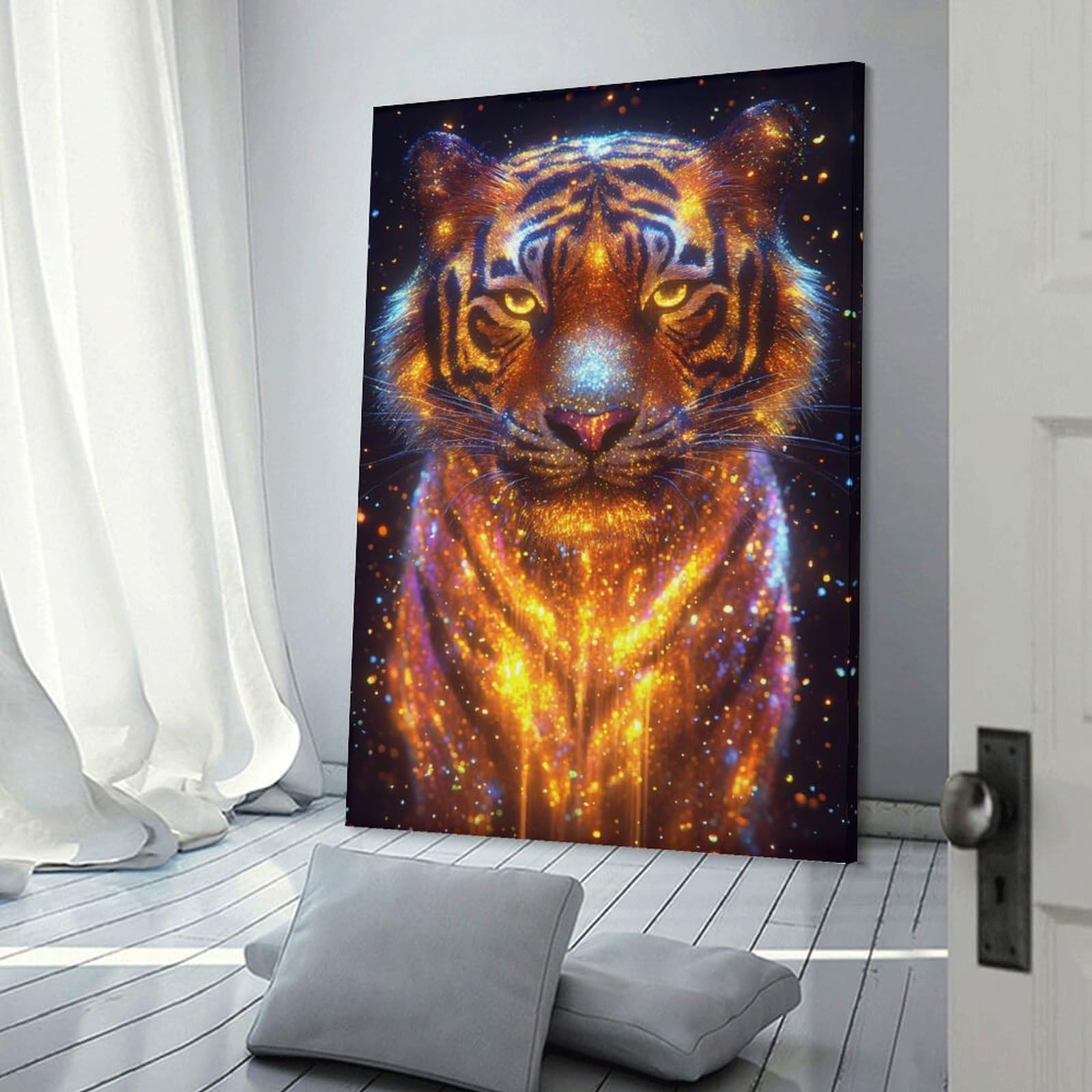 Junmoney Sparkling Tiger Portrait Canvas Art Print, 24x36inch(60x90cm), for Bedroom Decor, Cosy Corners Or Studios, A Warm Accent for Relaxed Interiors