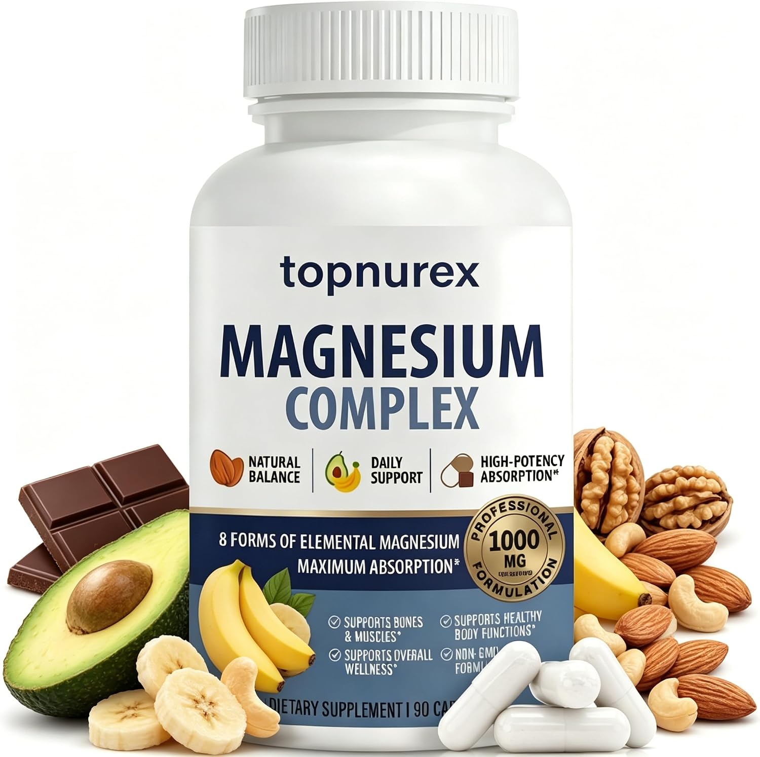 Magnesium Complex for Women & Men - 1000mg High Absorption, 8 Essential Magnesium, 90 Capsules