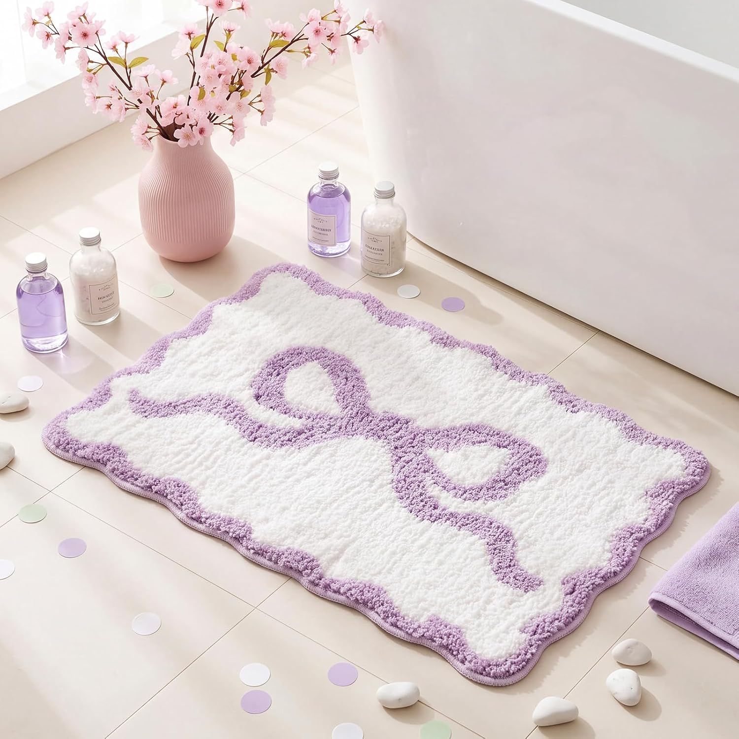 Tinideya Pink Bow Bathroom Rug 16" x 24" Scalloped Bow Bath Mat