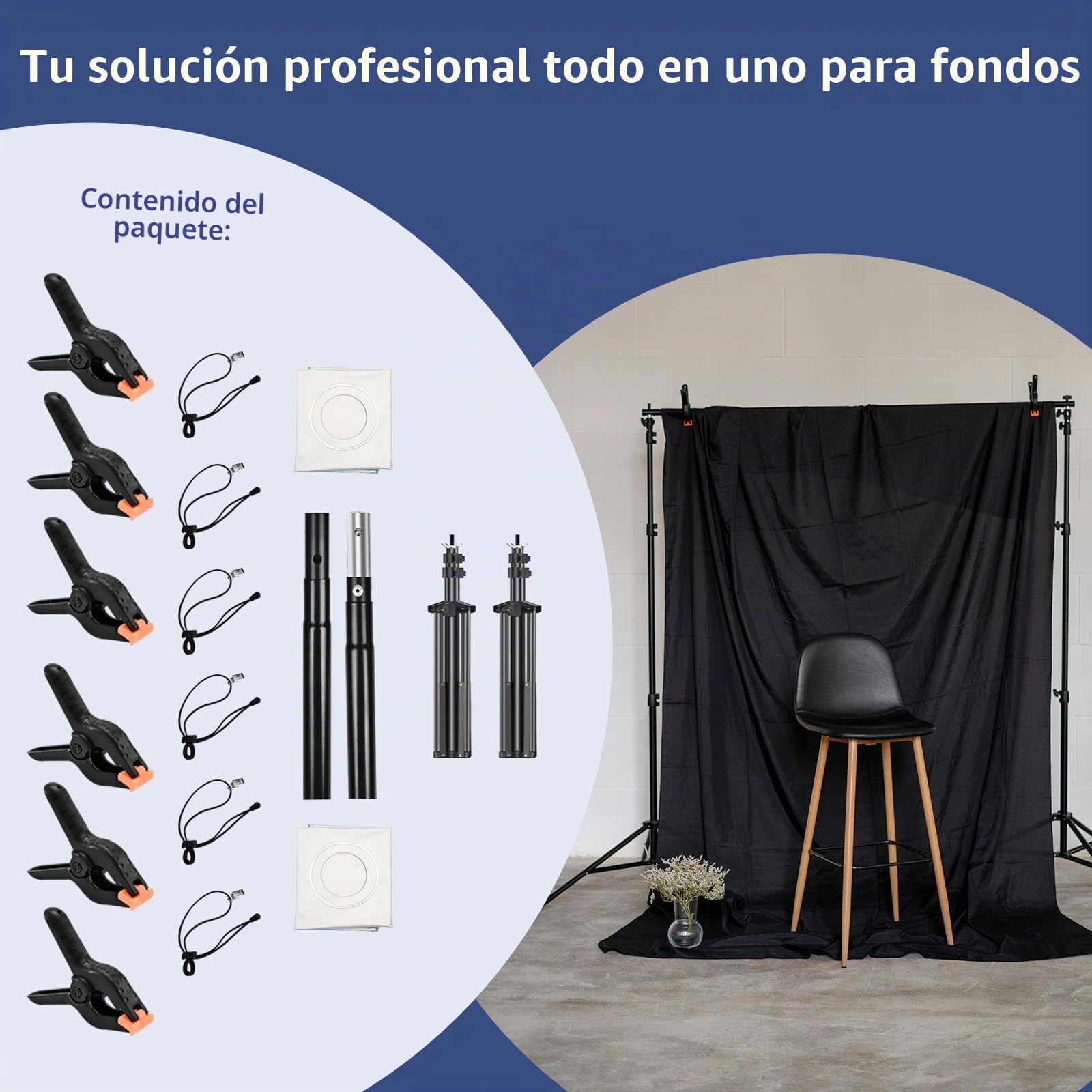 Kit de Soporte para Telón de Fondo 2.6x3m - Sistema de Soporte de Fondo Portátil y Ajustable | Incluye Bolsa, 12 Abrazaderas y 2 Bolsas de Agua | Ideal para Estudio en casa, Eventos, Bodas y Fiestas