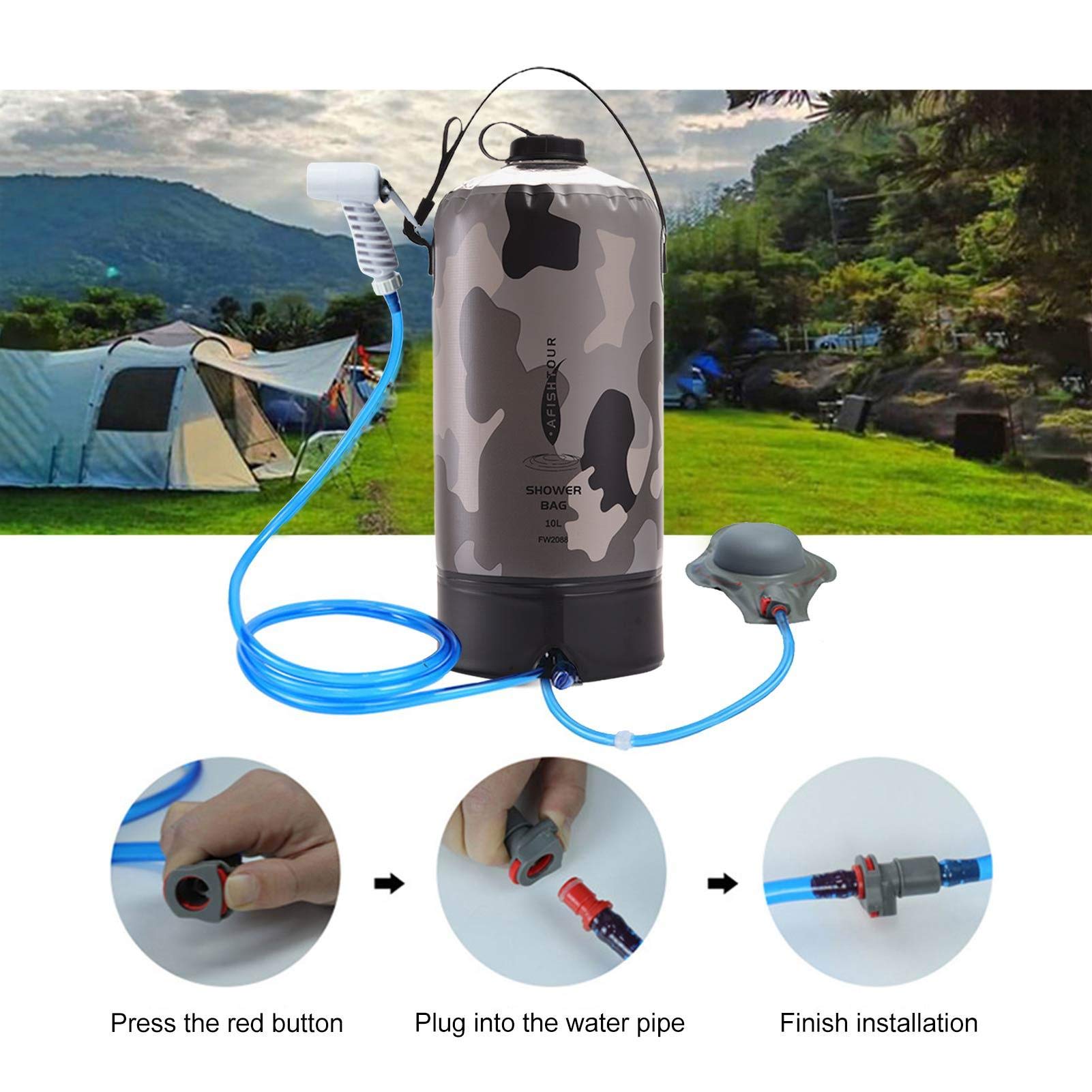 Bolsa de Ducha para Acampada de 10L, Bolsa de Ducha Solar Portátil con Fácil Control de Agua, Bomba de Aire Mejorada para Acampar Al Aire Libre (Ceniza)