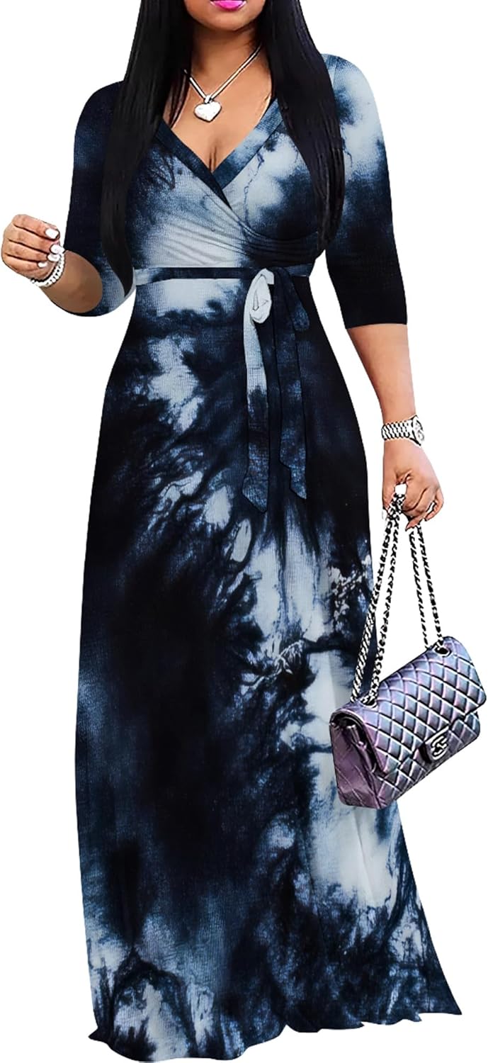 PinkPatty Women's Plus Size Maxi Dresses 3/4 Sleeves Bohemian Long Dress Printed Swing Dress with Belt