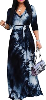 Women's Plus Size Maxi Dresses 3/4 Sleeves Bohemian Long Dress Printed Swing Dress with Belt