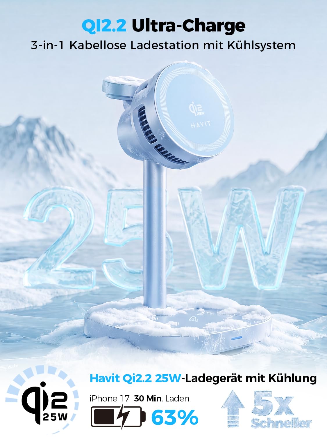 Havit Estación de carga 3 en 1 Qi2.2 de 25 W con refrigeración, compatible