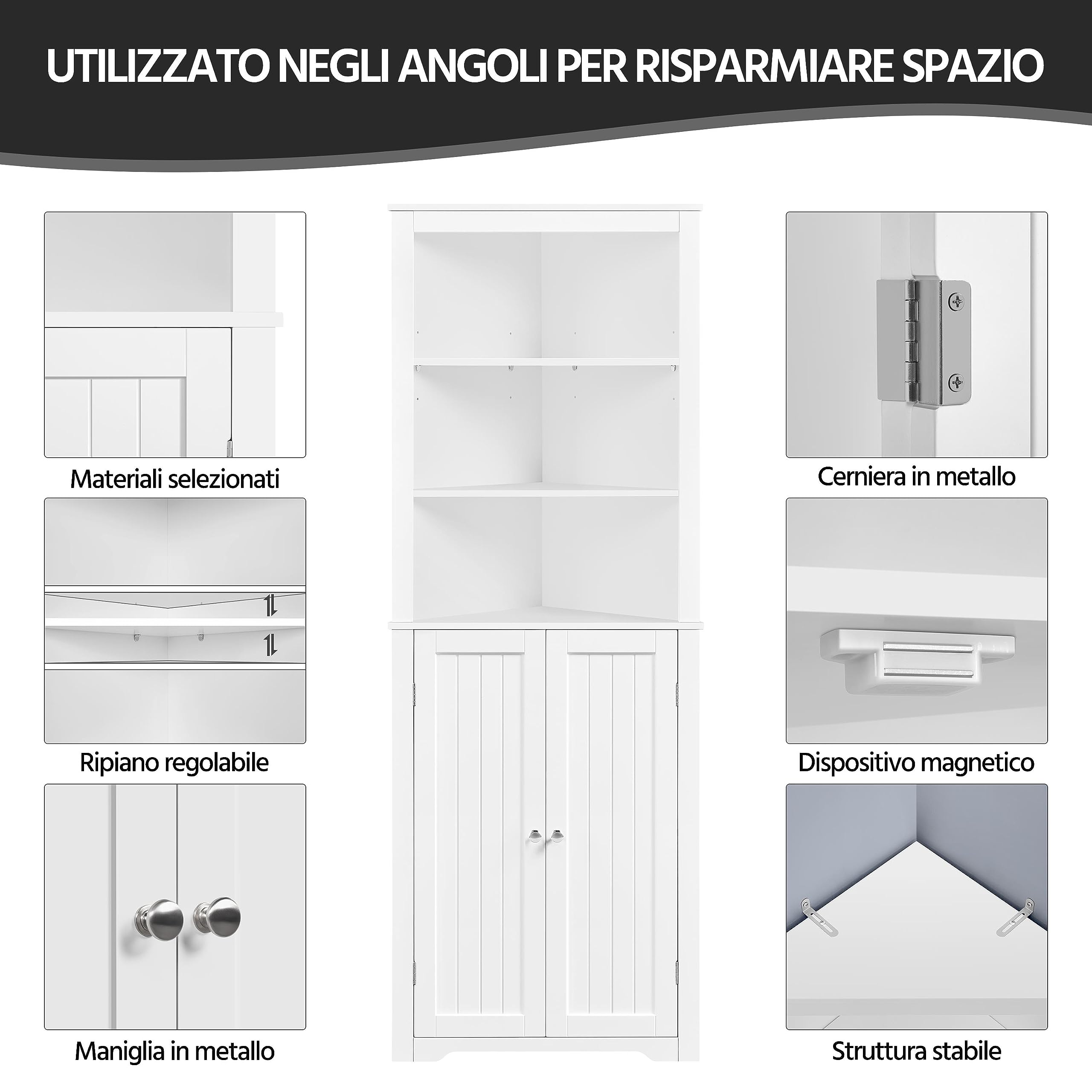 Yaheetech Mobile da Bagno Armadietto a Colonna Alto d'Angolo 163 x 60 x 43 cm Mobiletto Cucina Autoportante con 3 Ripiani Aperti in Legno Armadio Triangolo Moderno Multiuso da Terra Bianco