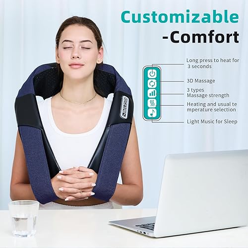 Miniatura 5 de Masajeador de cuello, masajeador Shiatsu inalámbrico de hombro con calor, amasado de tejido profundo 4D mejorado, masajeador de espalda recargable