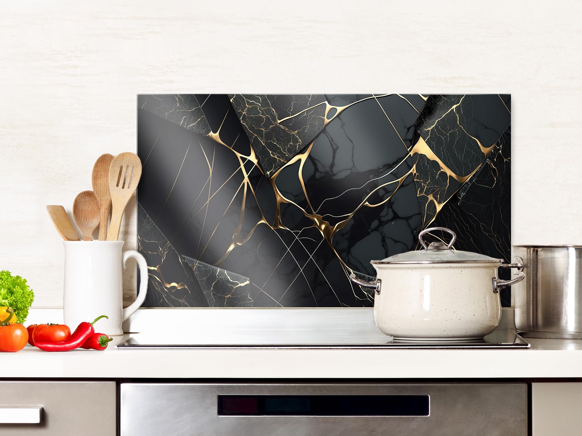 GRAZDesign Spritzschutz Küchenrückwand Glas Küche für Herd & Küchenspüle, Schwarz Granit Optik mit goldenen Linien | Glasplatte Rückwand Küchenwand | 60x60cm