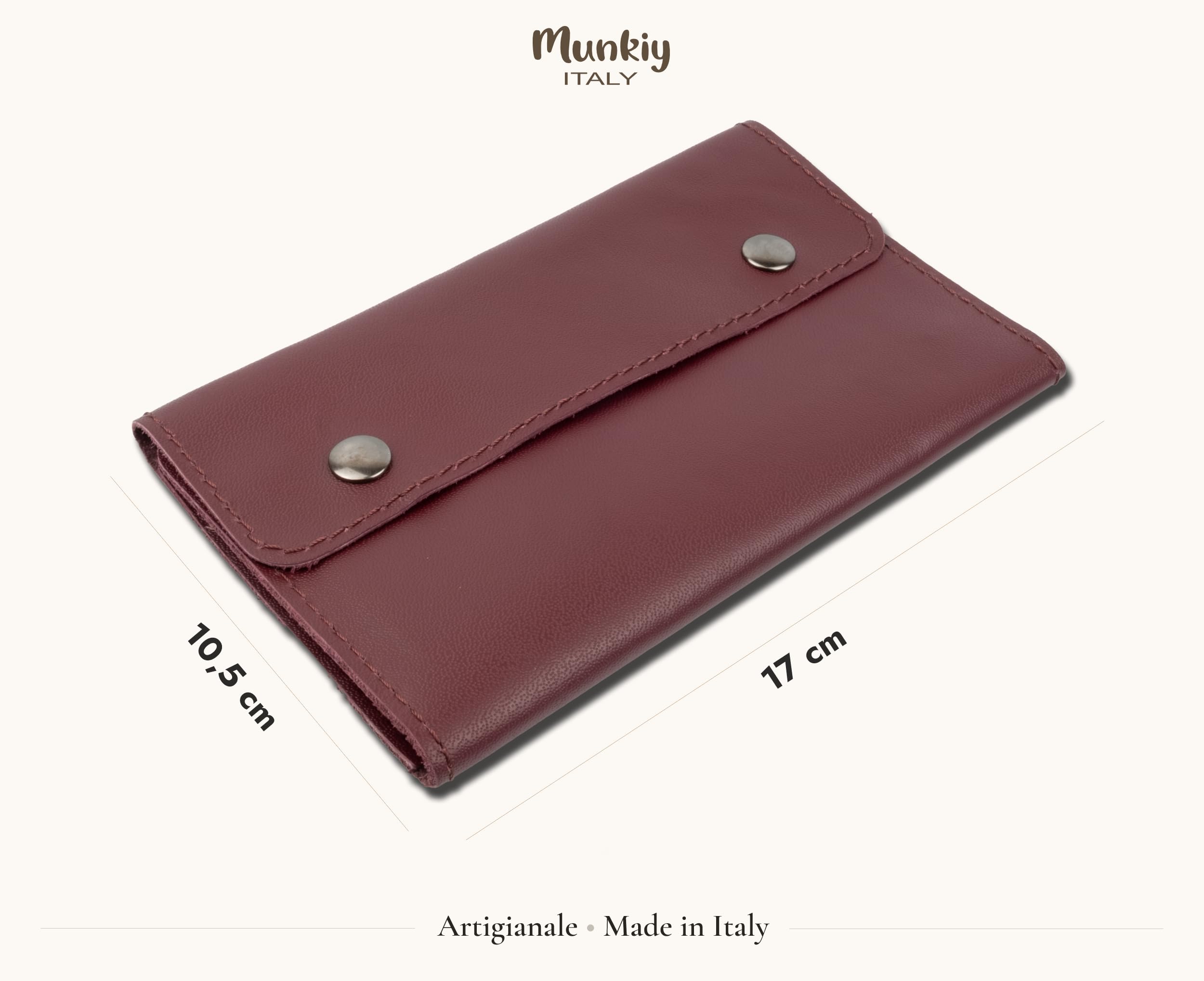 Portatabacco in Vera Pelle Personalizzabile con incisione - Astuccio con tasche e zip per tabacco, cartine e filtri - Regalo Made in Italy con scatola in metallo (Borgogna)