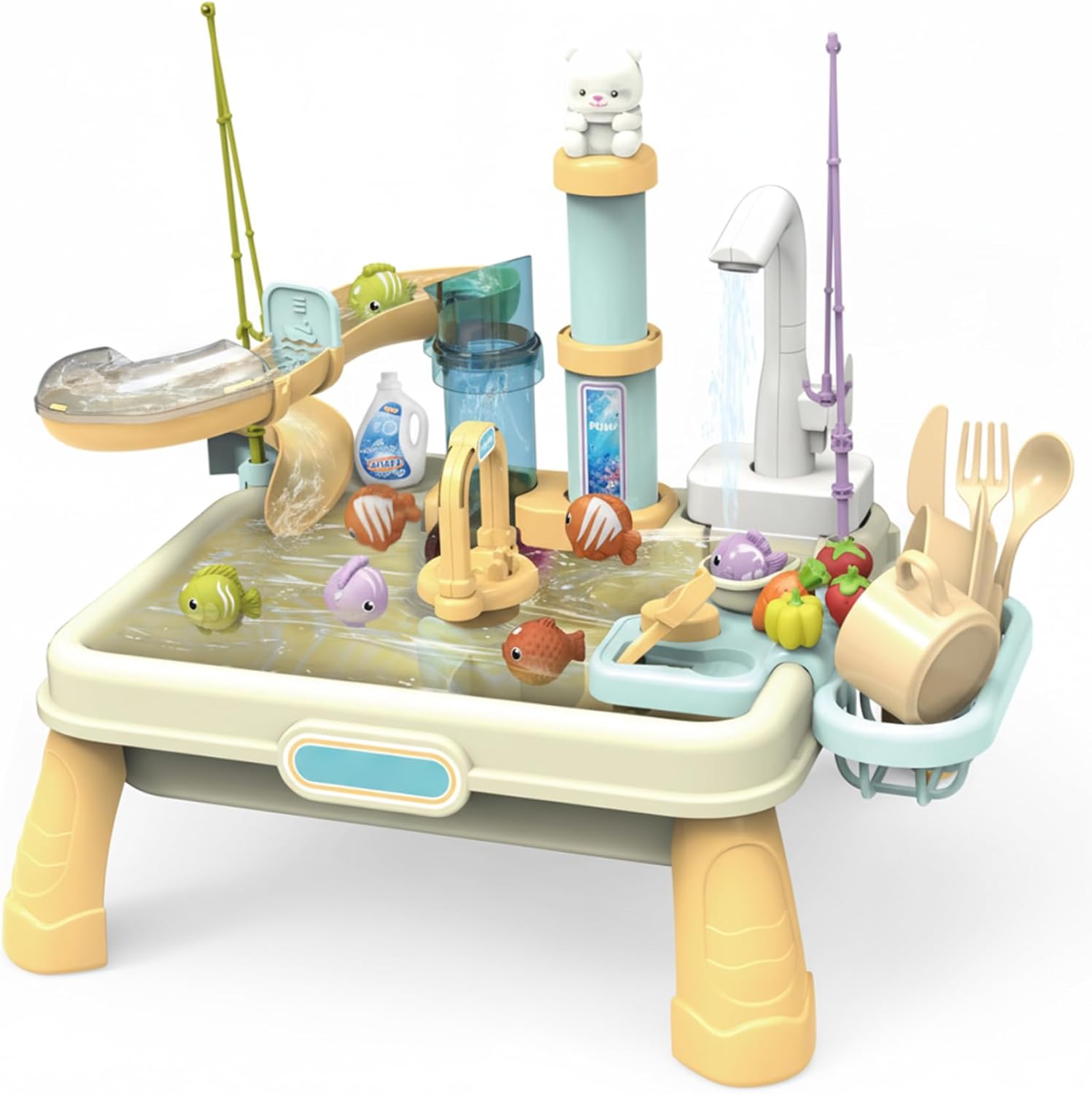 Kids Water Table, Water Play Table with Electric Play Sink & Fishing Game for Toddlers 1-3, Pretend Kitchen Sink with Accessories, Beige..