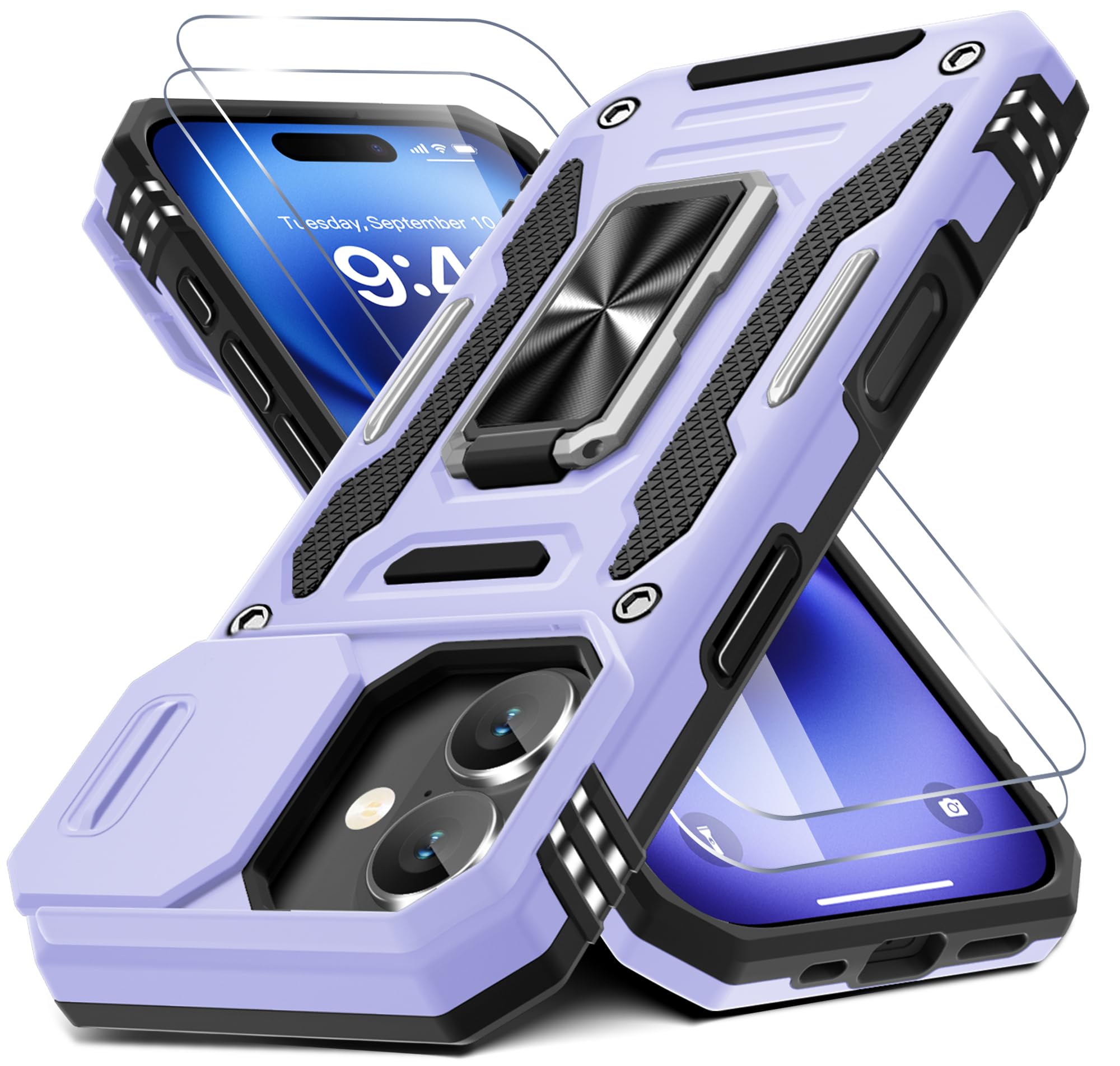 DEERLAMN Case for iPhone 17 6.3-Inch with Slide Camera Cover + Screen Protector (2 Packs), Rotated Ring Kickstand Military Grade Shockproof Protective Cover-Light Purple for iPhone 17-6.3 Inch Light Purple