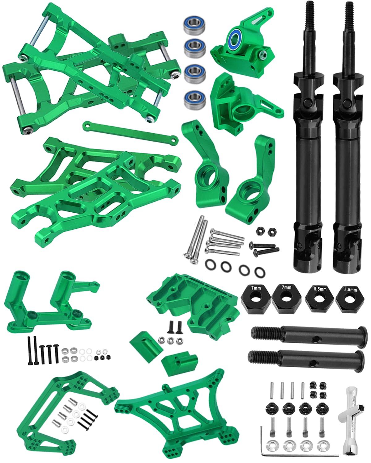 Rcarmumb Upgrades Part for 1/10 Rustler 2wd VXL,Alloy Caster Block,Drive Shaft CVD Axles,Suspension Arm,Steering Blocks,Stub Axle Carriers,Shock Tower,Bulkhead,Green