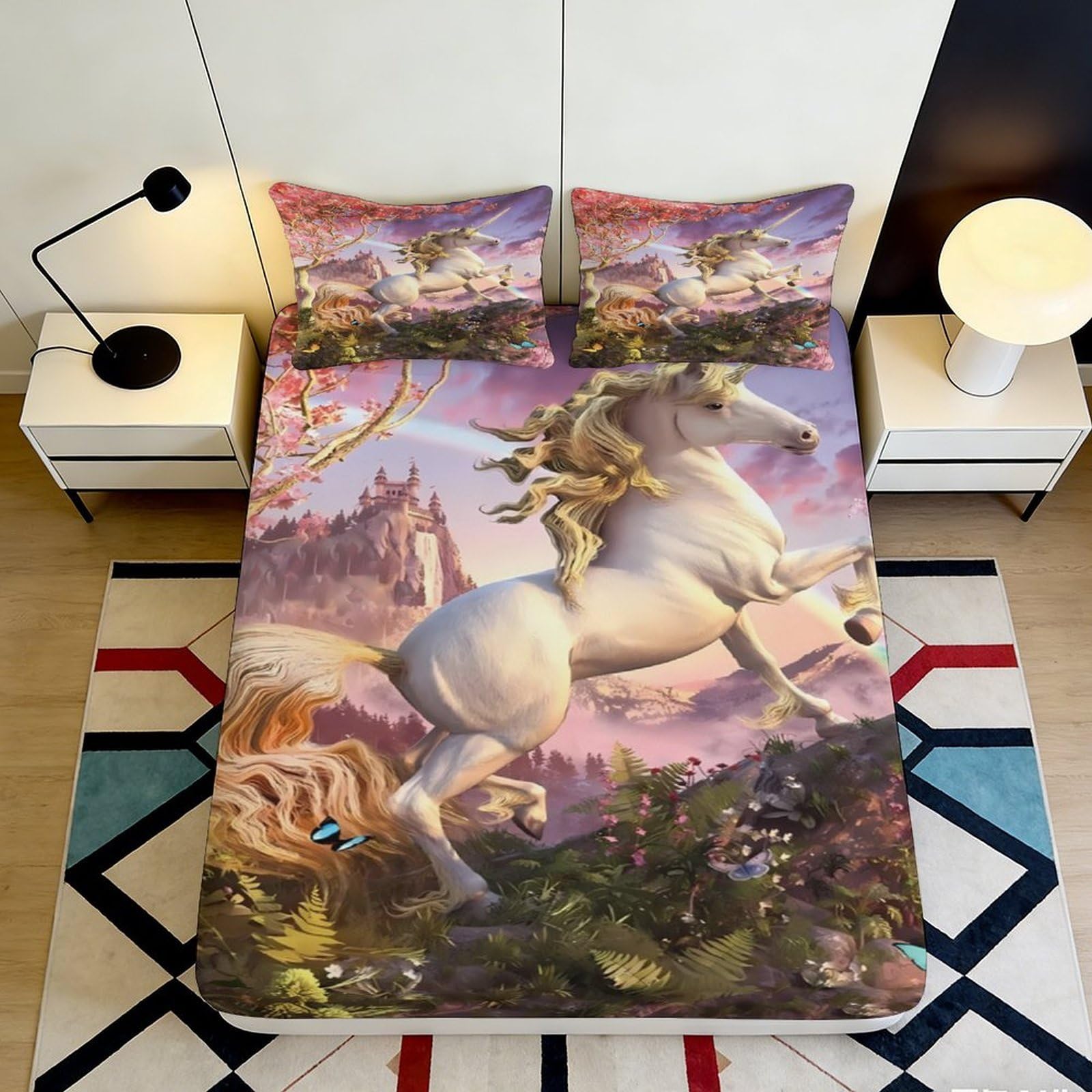 3D Printed Fantasy Unicorn Fitted Sheet Microfiber Soft Breathable Castle Landscape Mattress Cover for Bedroom Dorm Decor 90x200x25cm