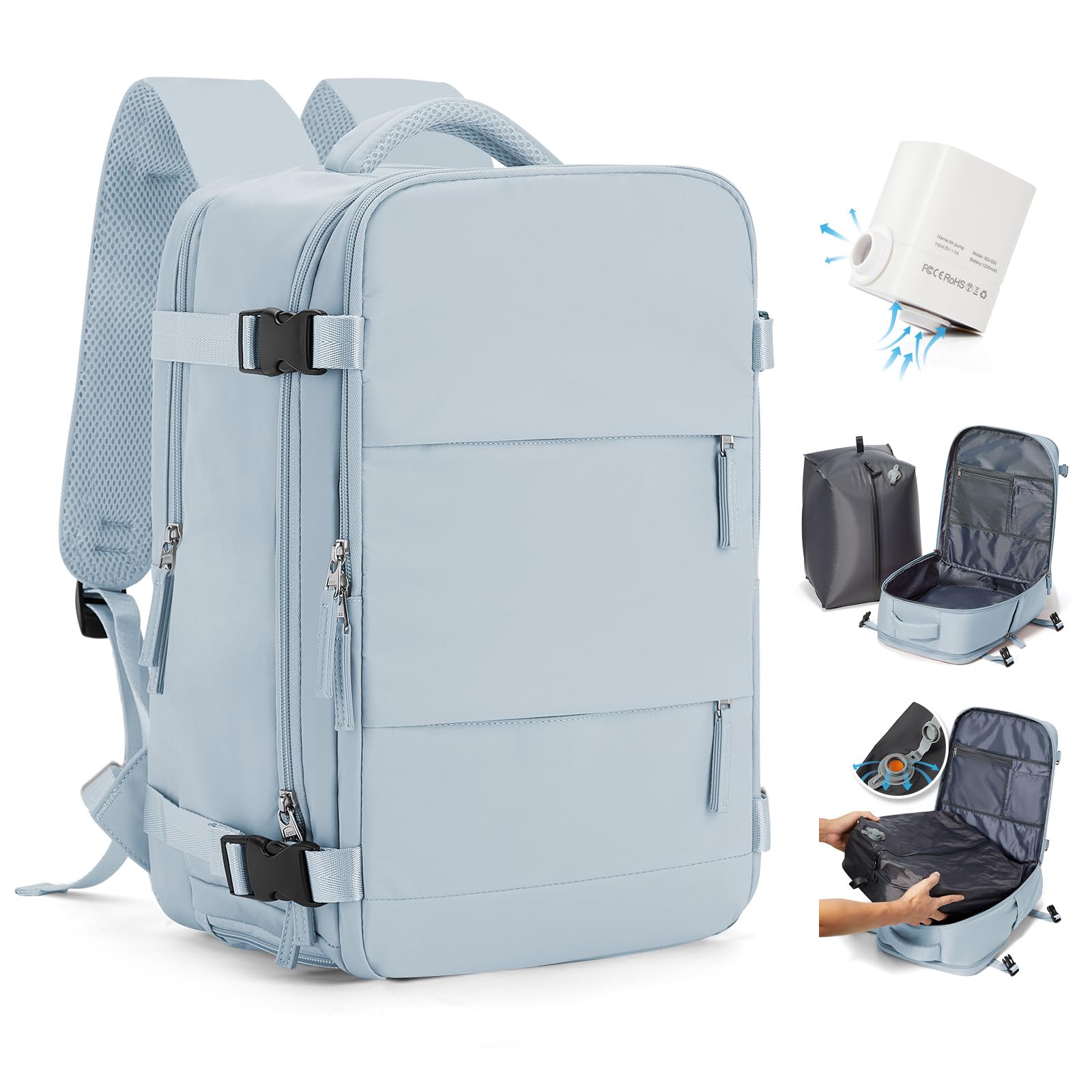 Plecak próżniowy, bagaż podręczny, 40x30x20, Ryanair, plecak podróżny, Easyjet, pod siedzenie, bagaż podręczny, torba weekendowa z pompką,H07-Szaroniebieski