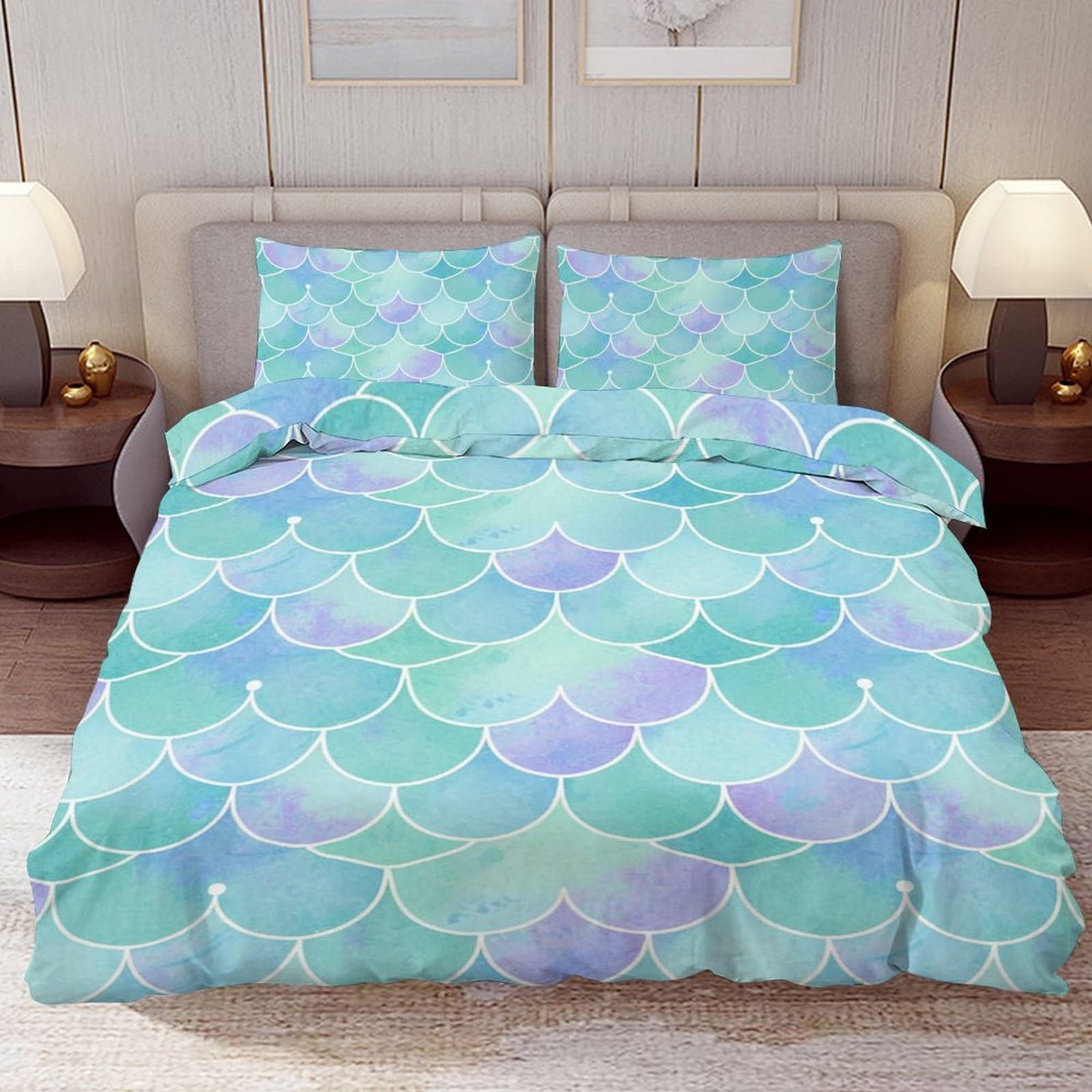 Delerain Comforter Cover Set Twin Size, Mermaid Fish Scale 3-Piece Bedding Set for Boys Girls Teens Modern Soft Microfiber Bedroom Set Room Decor, 1 Duvet Cover + 2 Pillowcases