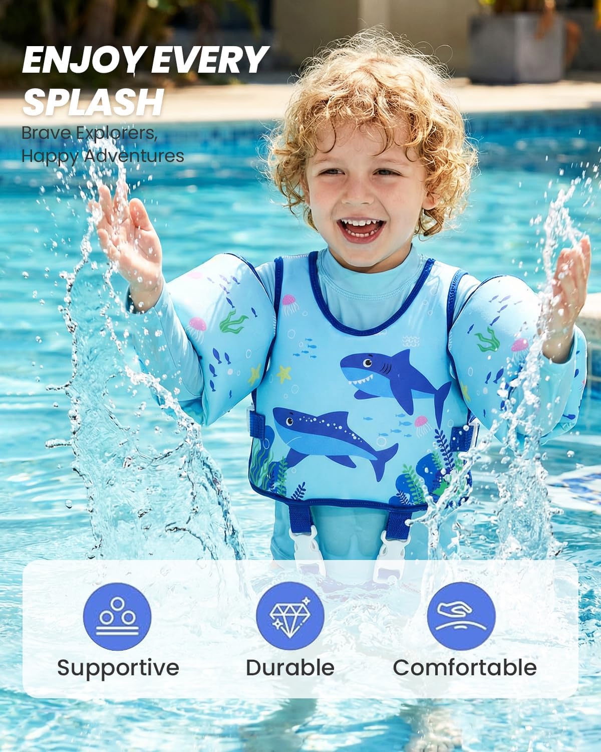 Gogokids 3-in-1 Kids Swim Vest for Toddlers Swimmies 2-3-4-5-6 Year, Puddle Float Jumper 30-40-50-60-70 Pounds, Anti-Chafe Remove Pool Floats Swimming Jacket Arm Floaties Water Wings Child Boy Girl