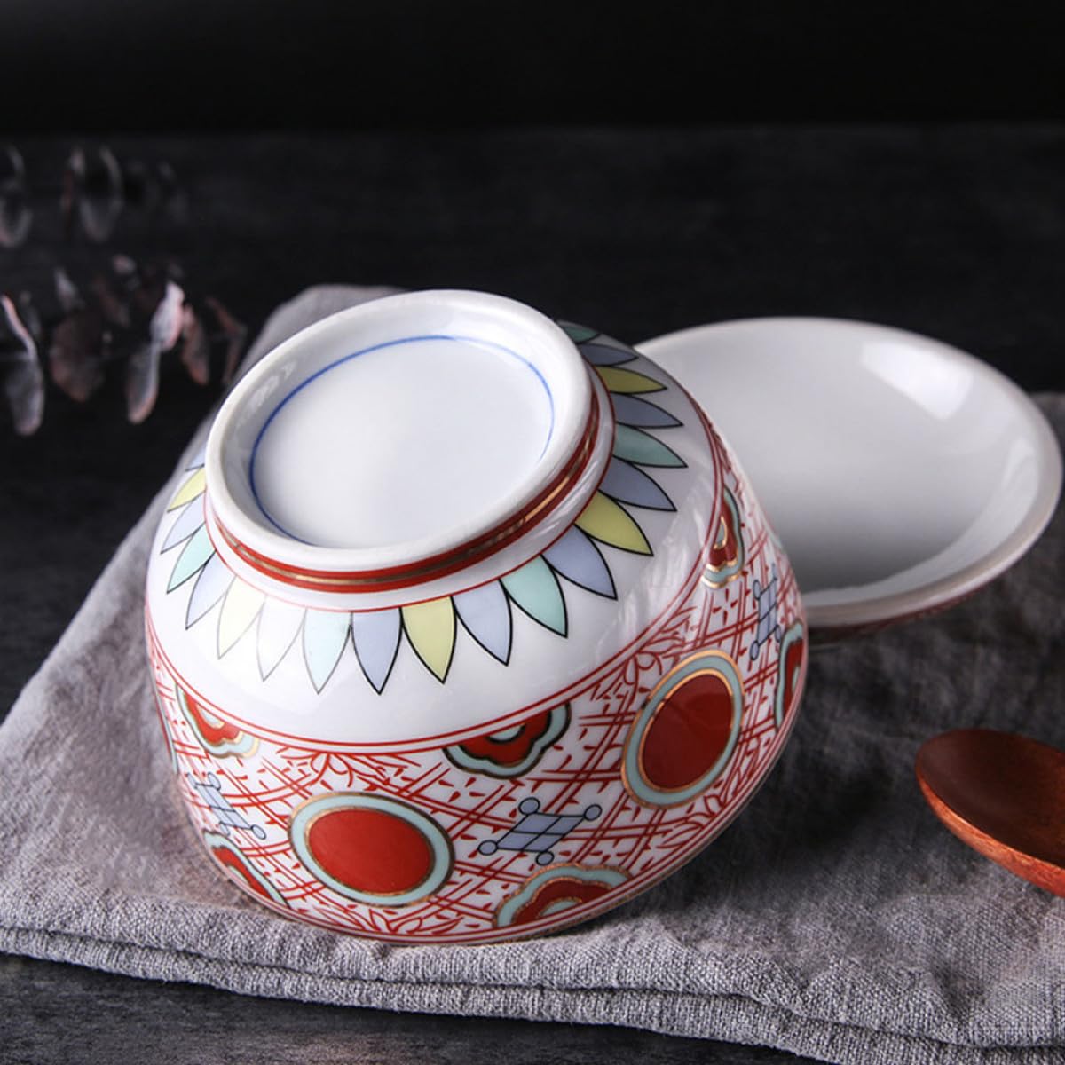TOYANDONA Tazón de Cerámica para Sopa Japonesa con Tapa Roja, Cuenco de Cocina para Mantener Alimentos Calientes, Adecuado para Uso Doméstico y Sopas Miso o Almejas