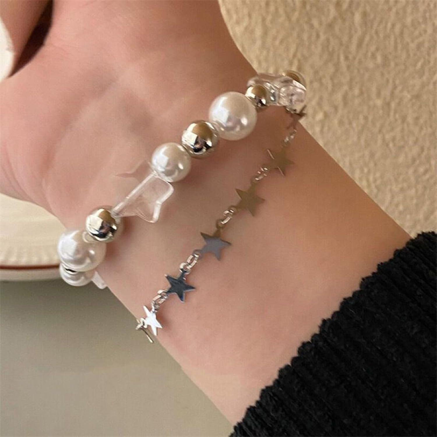 Cuteam Women Bracelet, Lucky Star Faux Pearls Bracelet Women Double Layer Bracelet Adjustable Extension Chain Wristband Jewelry Gift