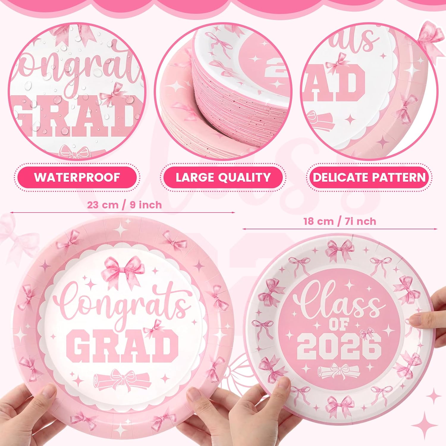 Mumufy 100pcs Graduation Plates Set 2026 Graduation Party Plates Supplies Coquette Pink Bow Design 50 Dinner-plates (9 In) & 50 Dessert-plates (7 In) for Congrats Grad Party-decorations Serve 50