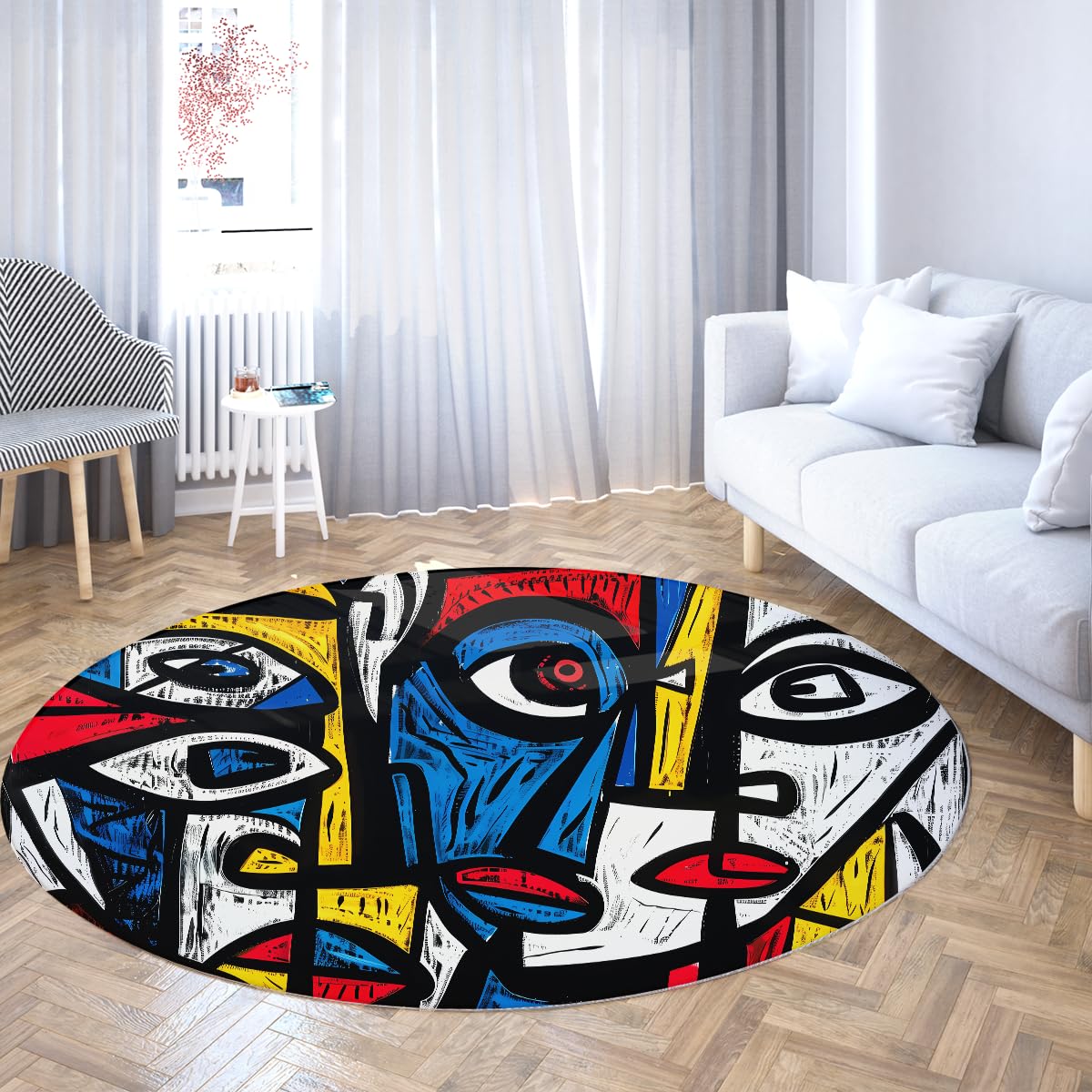 Grand tapis rond cubiste visage doux au design artistique contemporain