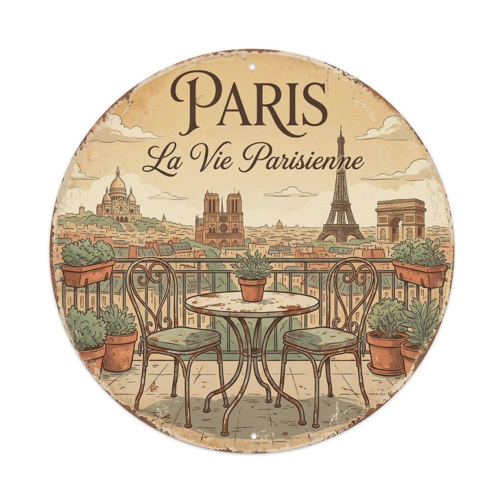 Vintage Travel Parisian Terrace View Metal Tin Sign Plaque