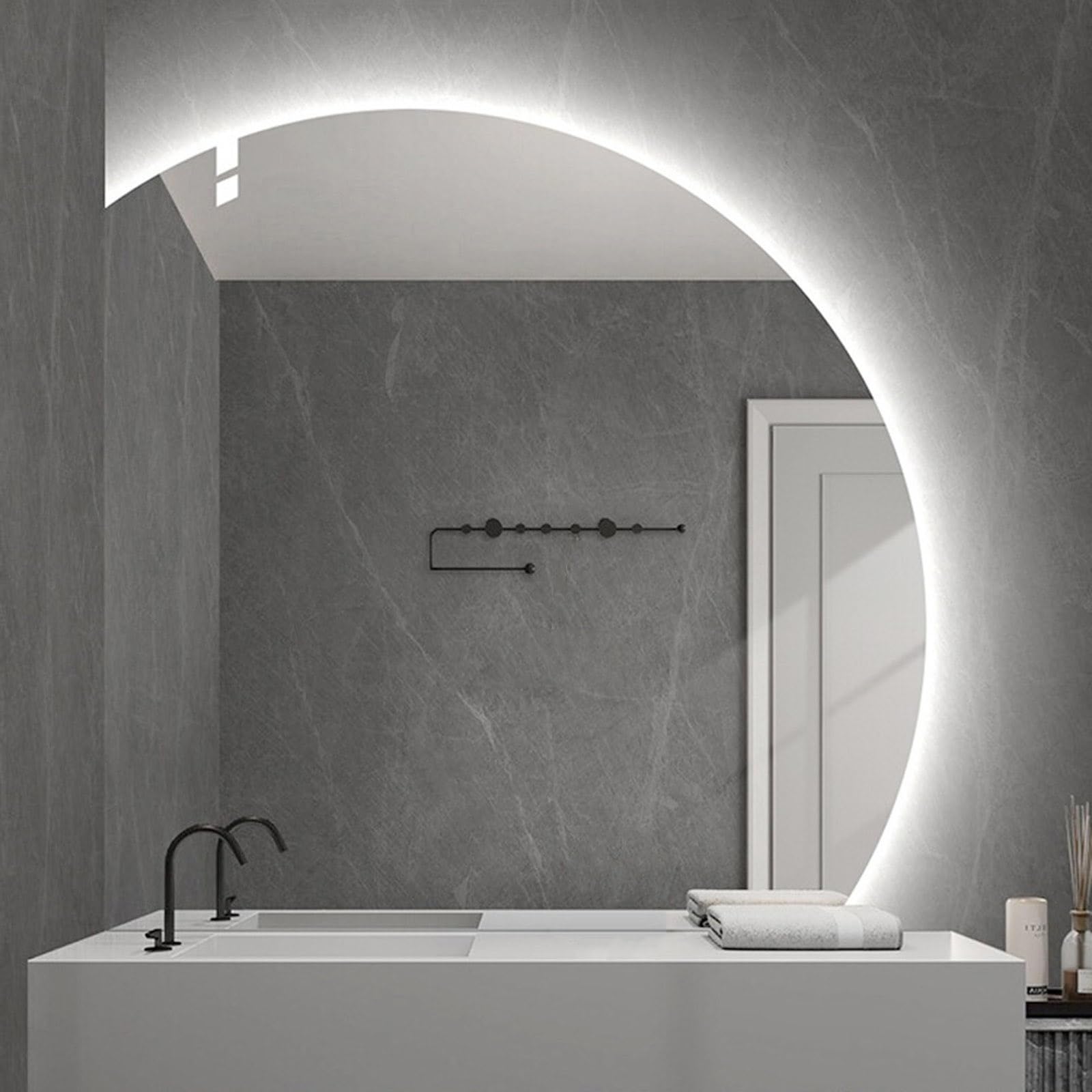 36/40in AntiFog Bathroom Mirror Semicircle Backlit Frameless Home Decor 28/32in Smart Dimmable Wall Mounted Vanity with 3 Colors Light(Left Under Cut,40inch/100cm) (Left Under Cut 40inch/100cm)