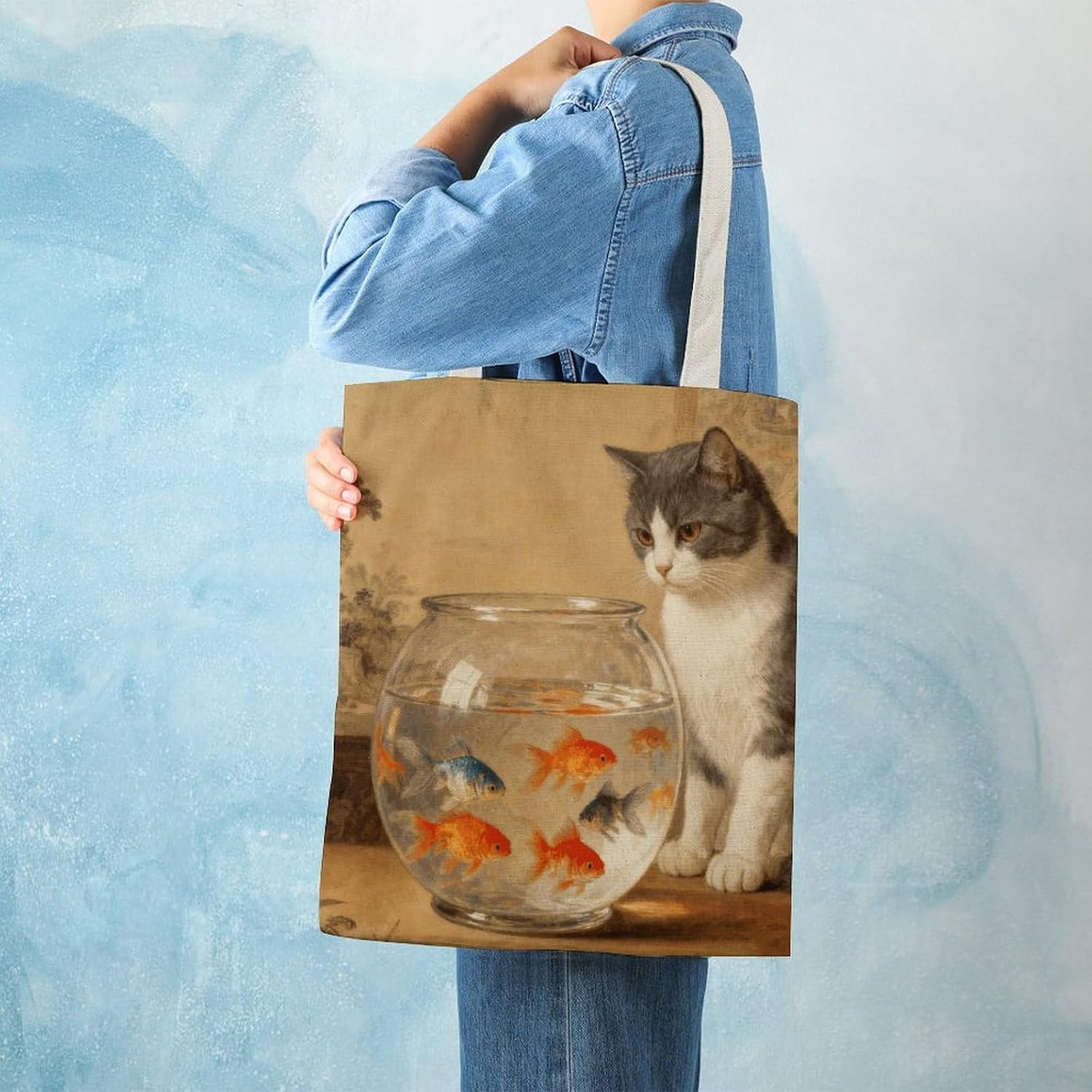 Cat And Fish Bowl Canvas Tote Bag Reusable Grocery Bags Foldable Soft Cotton Shoulder Carry Bag