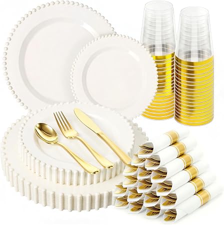 175pcs Plastic Dinnerware Set Ivory 25 Guests for Wedding |