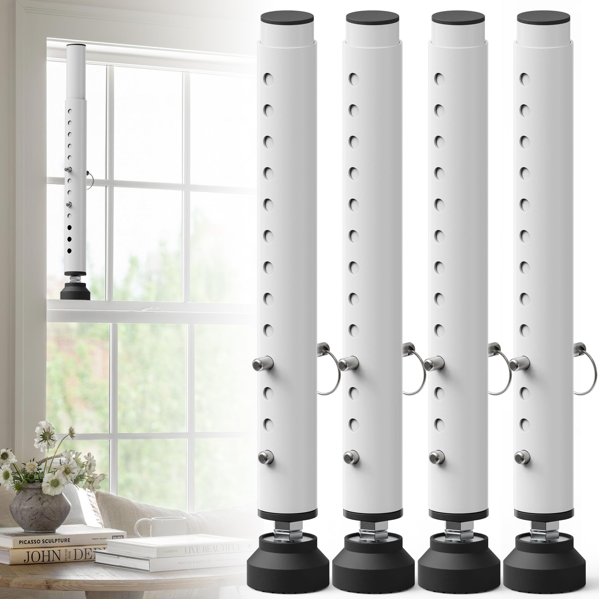 Barra de seguridad ajustable pequeña para ventana, 11-18 pulgadas, color blanco, paquete de 4