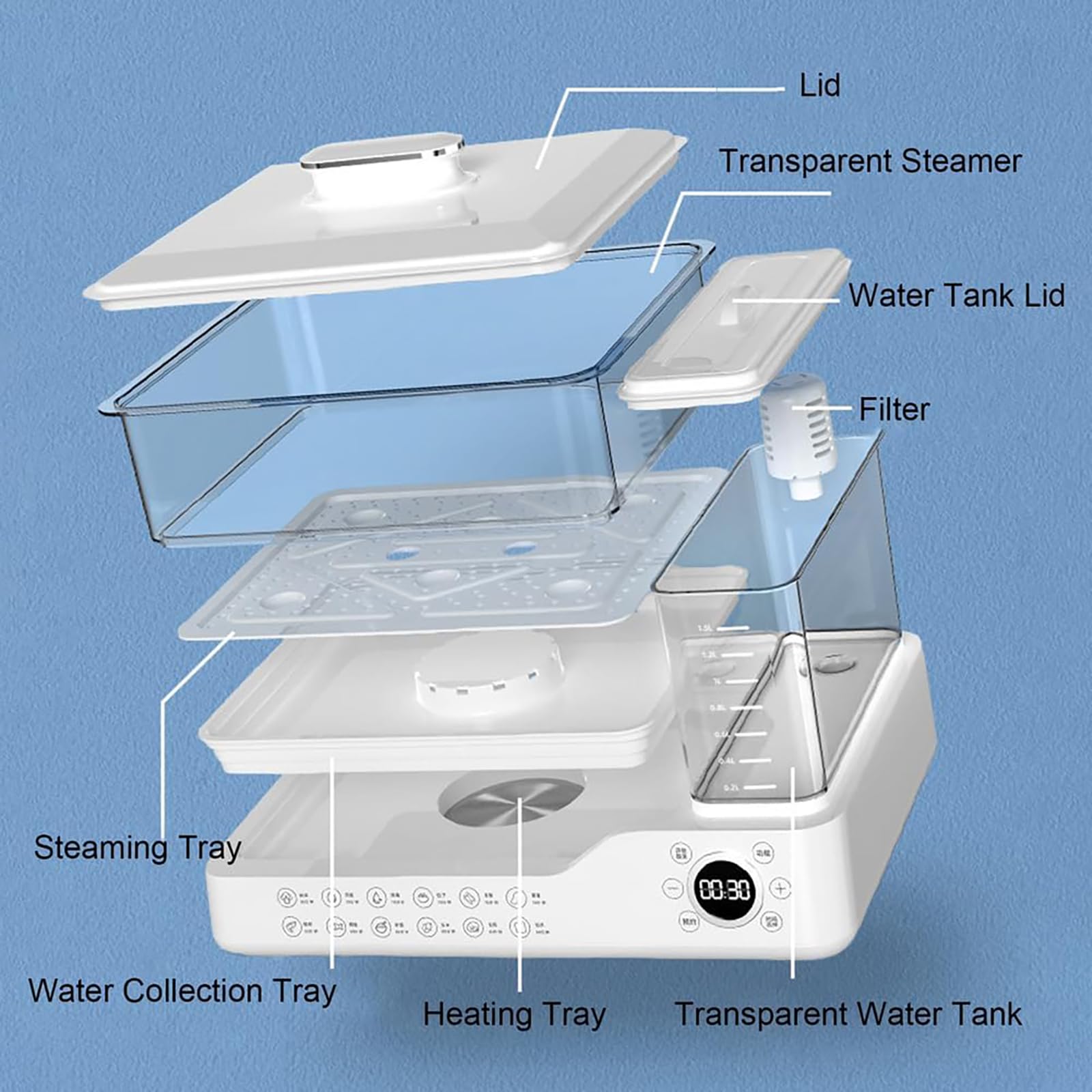 Vaporiera elettrica a 3 livelli per una cottura sana, pannello visivo touch control, acqua indipendente, timer da 12 ore, include cestini per verdure e altro ancora