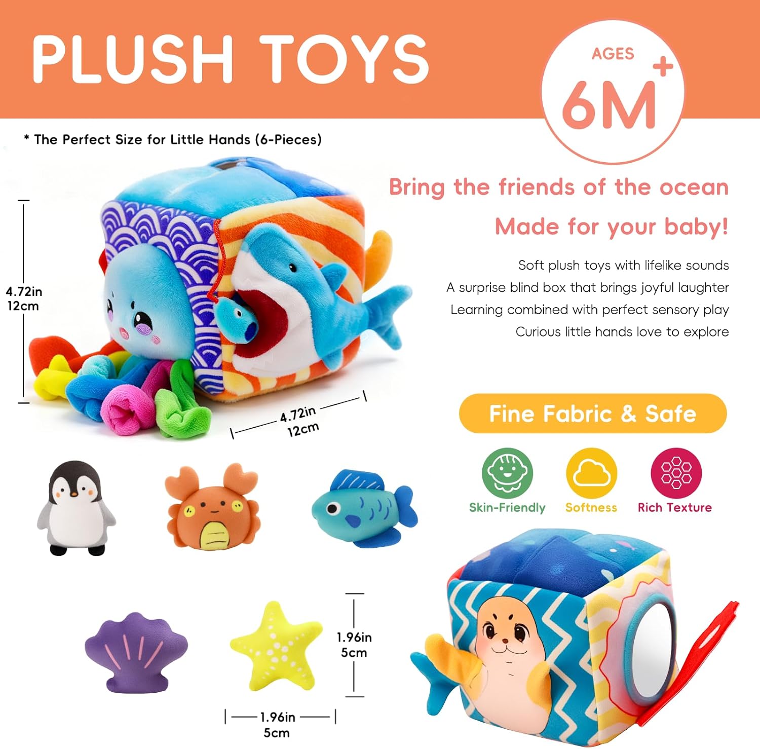 SAIMAND Baby Toys 6-12 Months–Mystery Soft Box with 5 Plush Marine Animals,Rattle,Crinkle Paper & Mirror–Montessori Sensory Toys for 6 Month Old Babies 1-3 Year Old Boy Girl Birthday