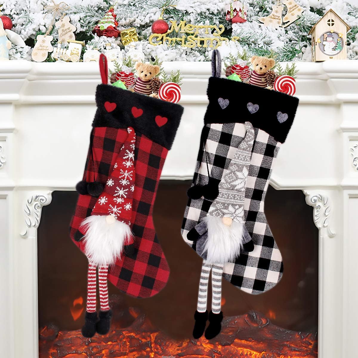Patimate Christmas Tomte Gnomes Stockings - Red Plaid Swedish Santa Christmas Stockings for Family, Kids, Christmas Tree Decorations (2 Pack, Red Black Grid,Black White Grid)