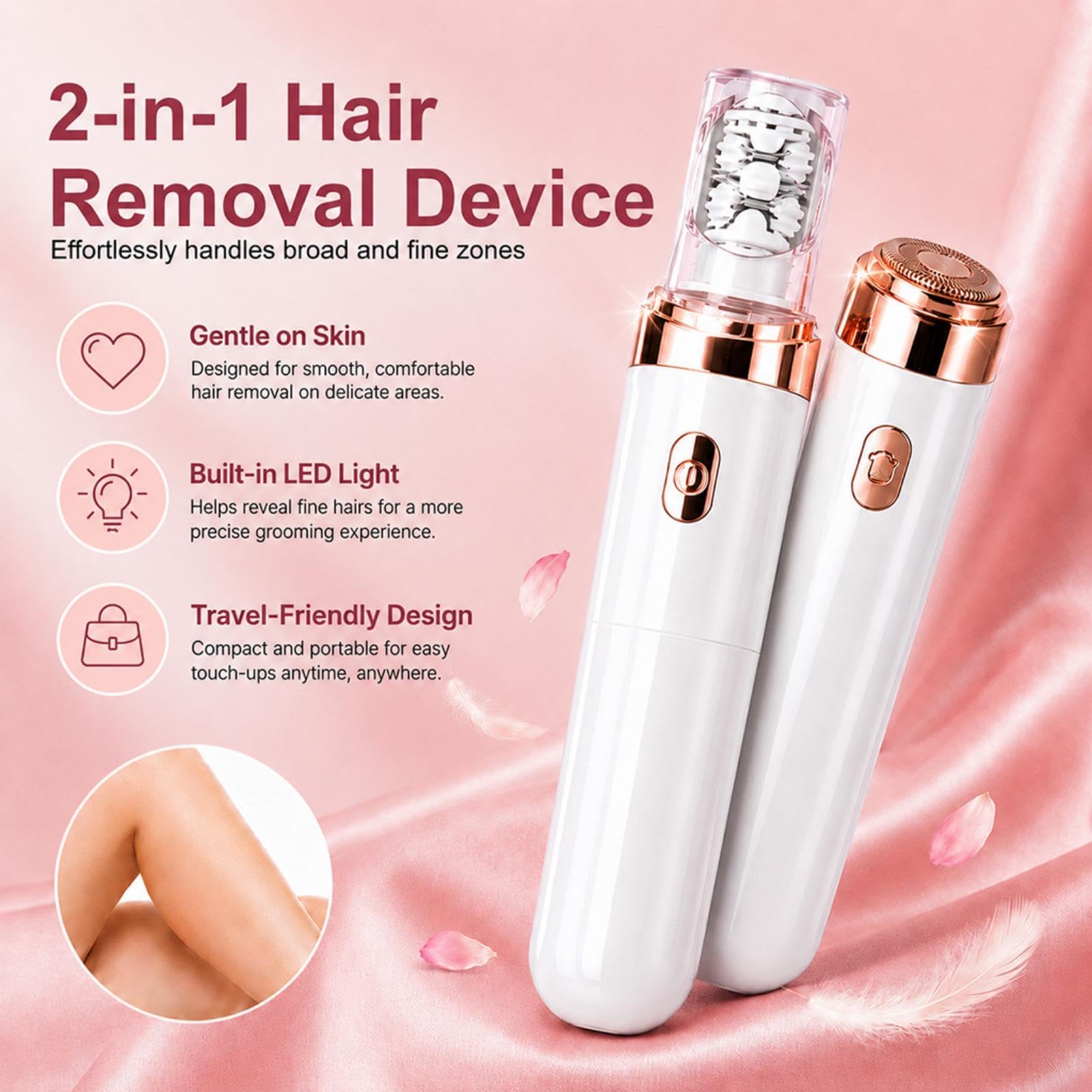 Depiladora Facial Mujer Eléctrica 2 en 1 Recargable con Luz LED, Mini Depiladora Indolora para Rostro, Barbilla y Labio Superior, Diseño Portátil y Preciso para Piel Suave (Blanco)