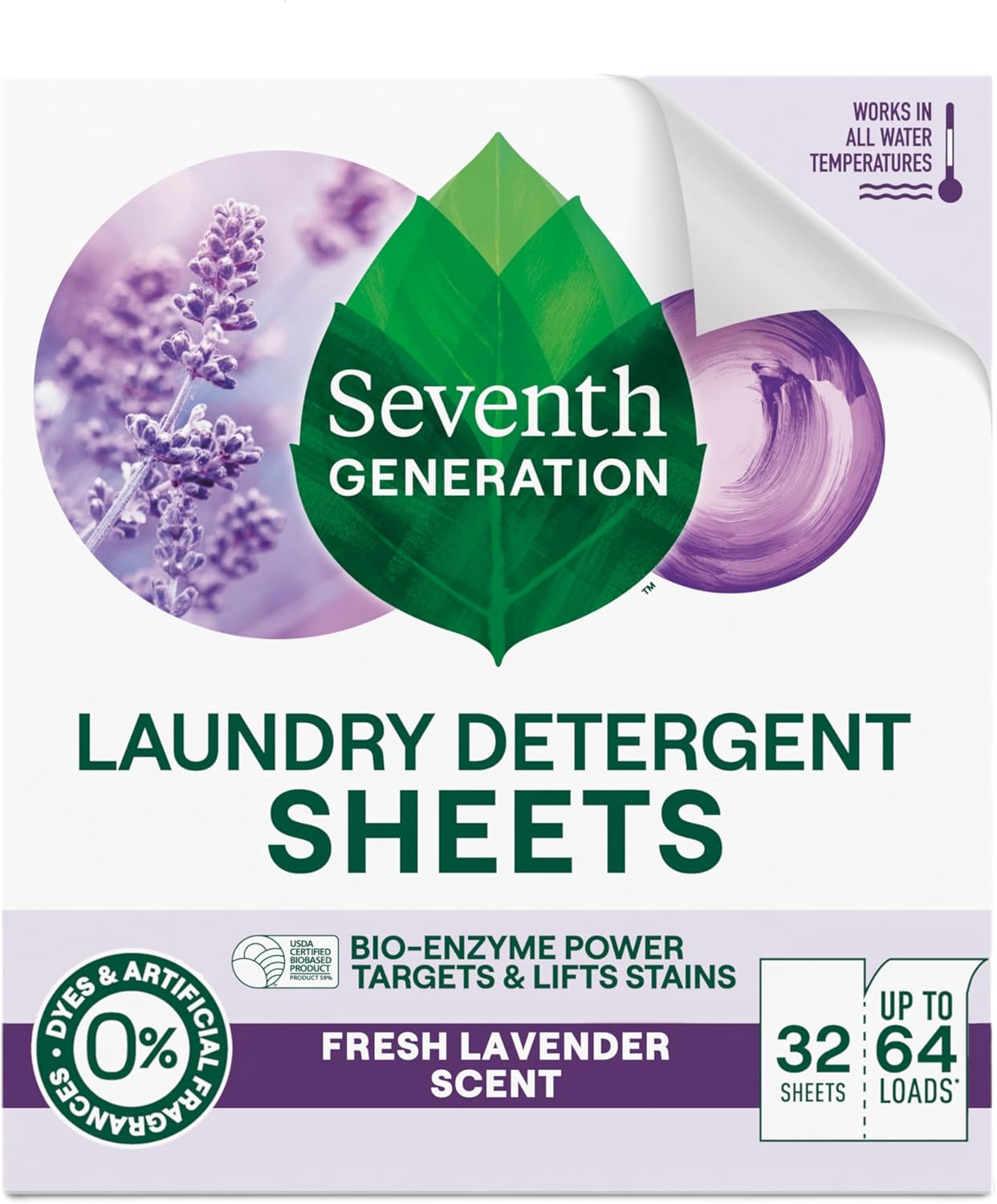 Seventh Generation Laundry Detergent Sheets, Up to 64 Loads, Fresh Lavender Scent, Removes Tough Stains, 0% Dyes and Artificial Fragrances, Safer for Your Family