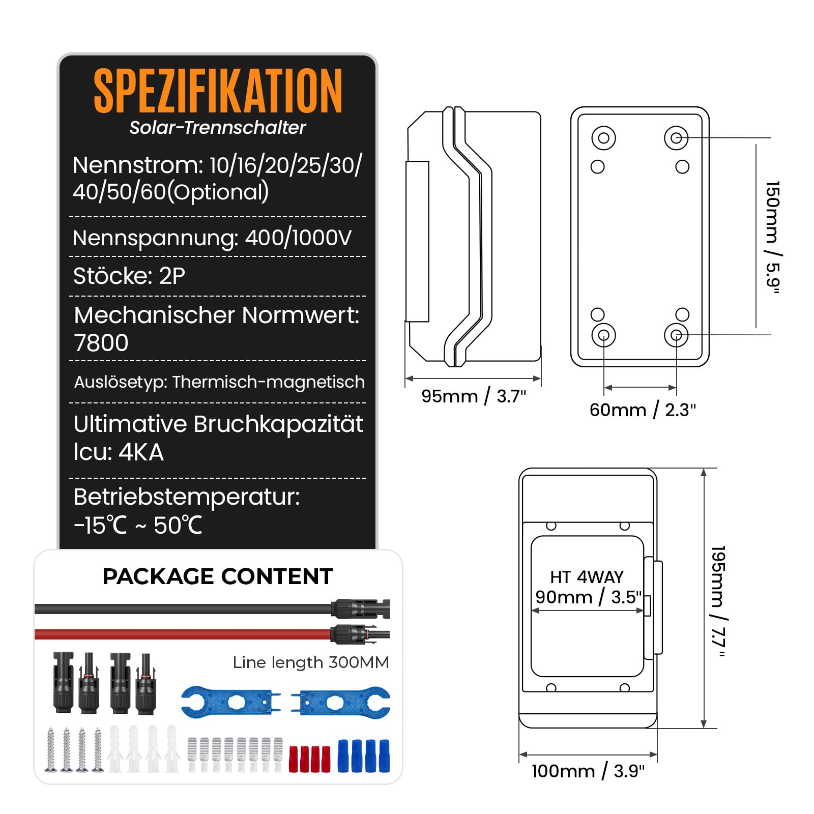 Solar PV Trennschalter 10A 400V DC/AC Miniatur Leistungsschalter 4mm² Solarstecker Kabel Wasserdichtem Gehäuse