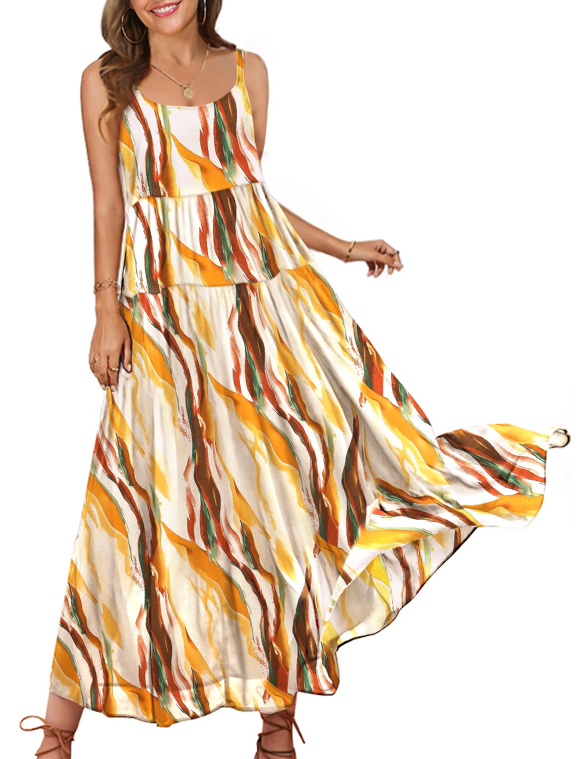 YESNO Summer Dresses for Women Casual Loose Bohemian Floral Dress with Pockets Spaghetti Strap Maxi Dress E75