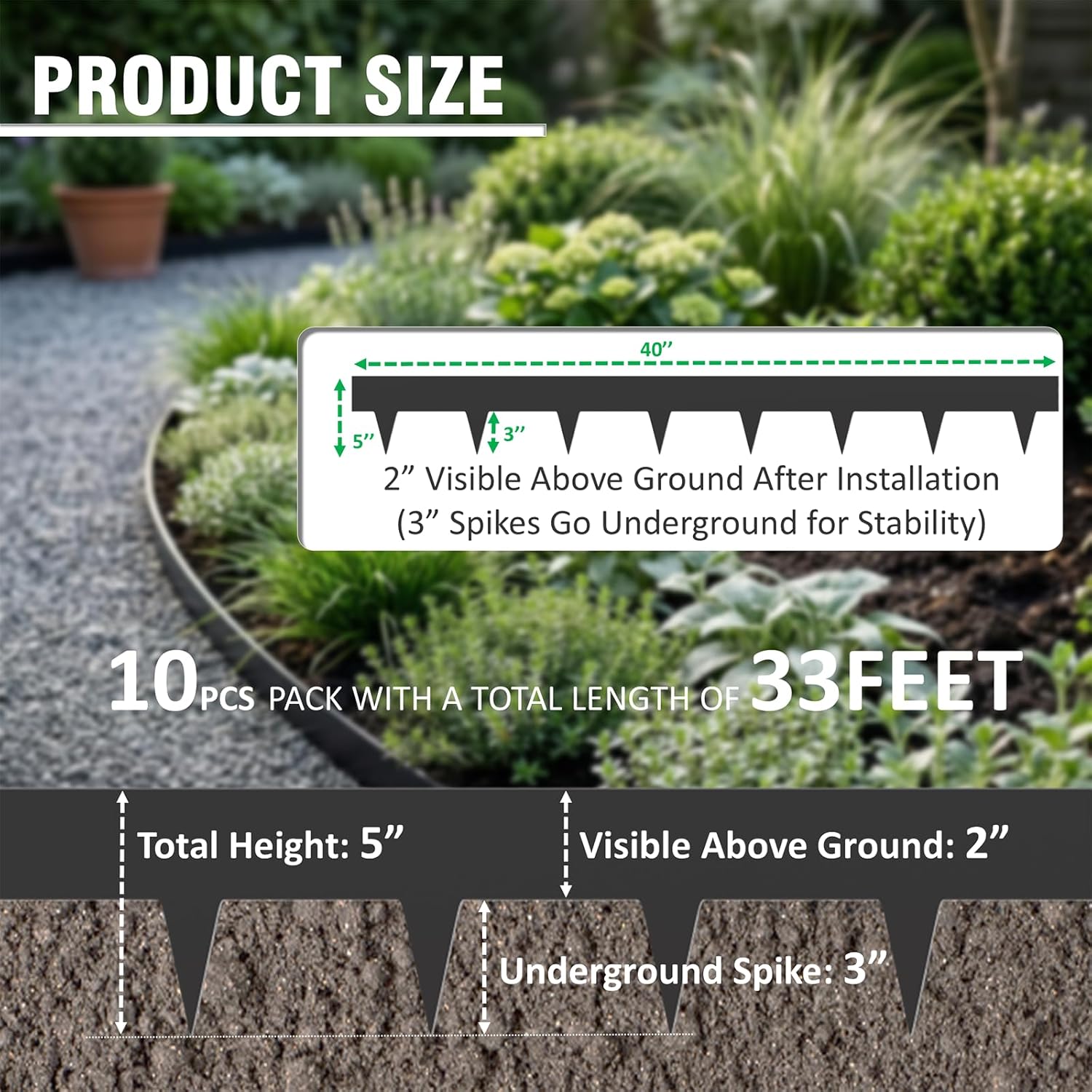 33ft. galvanized steel landscape edging (10-pack) – 40" metal edging for landscaping with 11 stakes, hammer-in metal landscaping edging for yard pathway & flower beds – lawn edge for garden design black pack of 10 ( 40 x 5 inch )