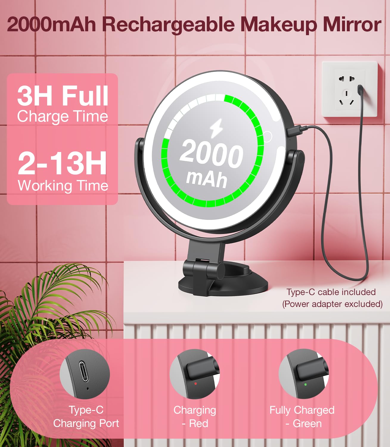 Benbilry Espejo de aumento con ventosa con luz 10X, espejo de maquillaje montado en la pared con ventosa para baño, 3 luces de color y brillo ajustable, mesa 2 en 1 para escritorio, color negro