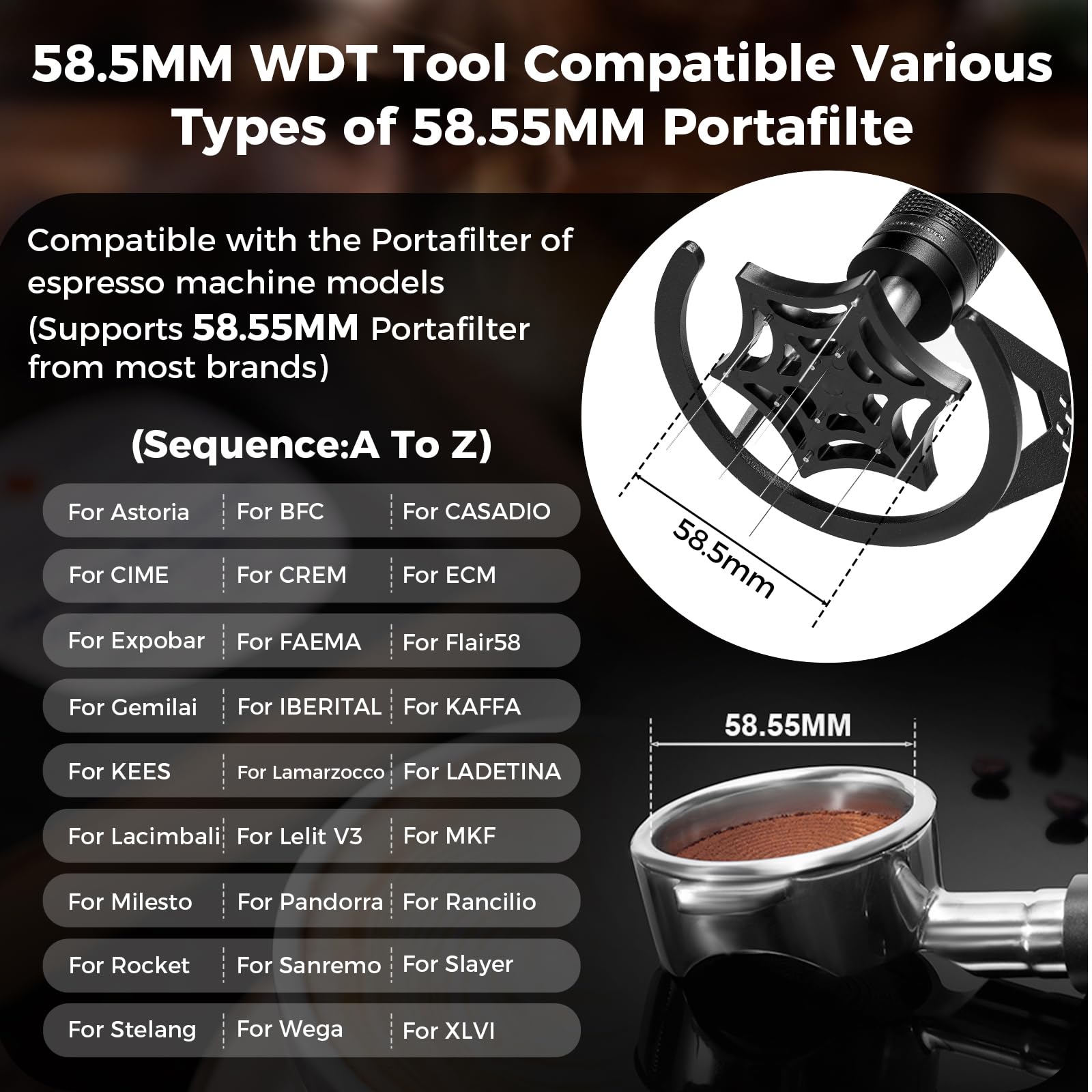 IKAPE Mantis WDT Herramienta de distribución, V3-58.5 mm, herramienta de distribución de agitador de espresso para barista, agitador de espresso de 8 agujas con embudo dosificador y soporte, altura de